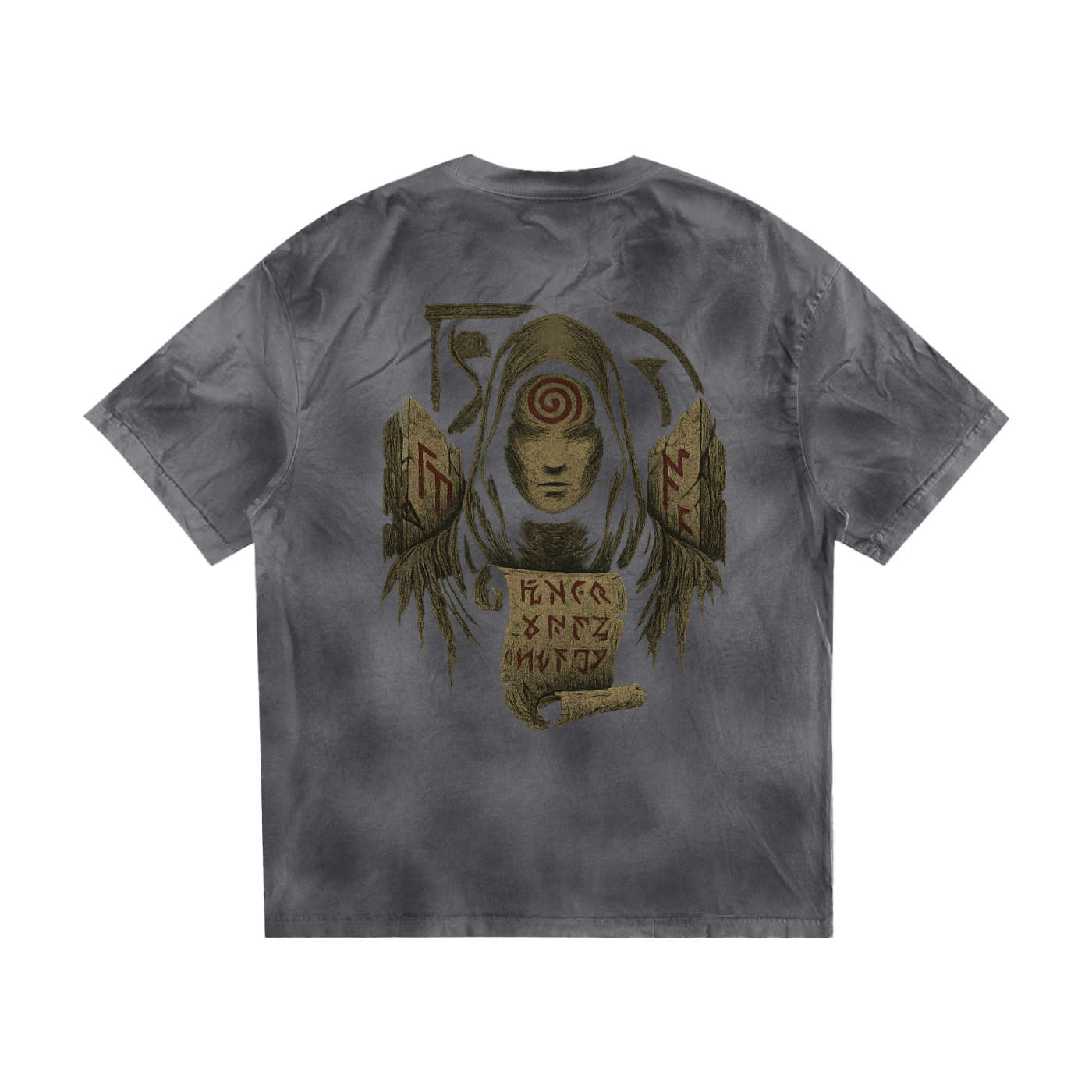 Back view of heavyweight streetwear tee with spiral artwork, dark gray