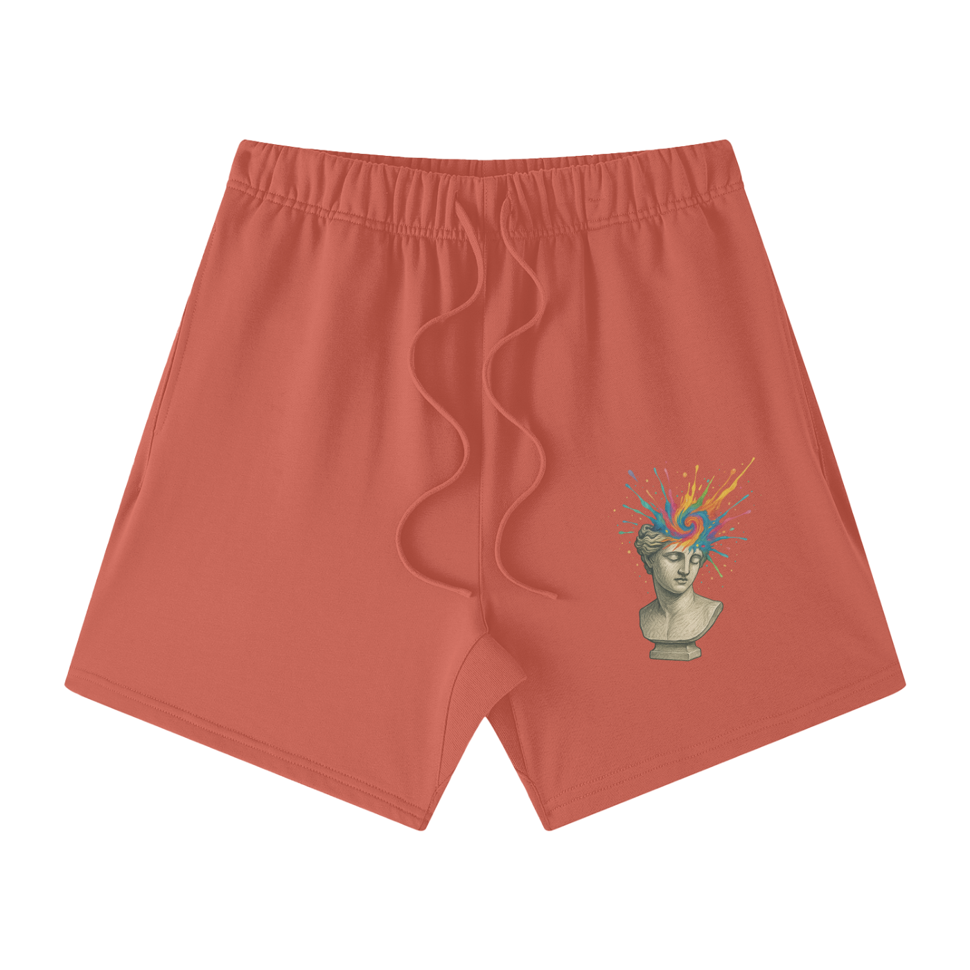 Watermelon Red Solar Equilibrium cotton shorts front – graphic shorts with bright headburst statue print