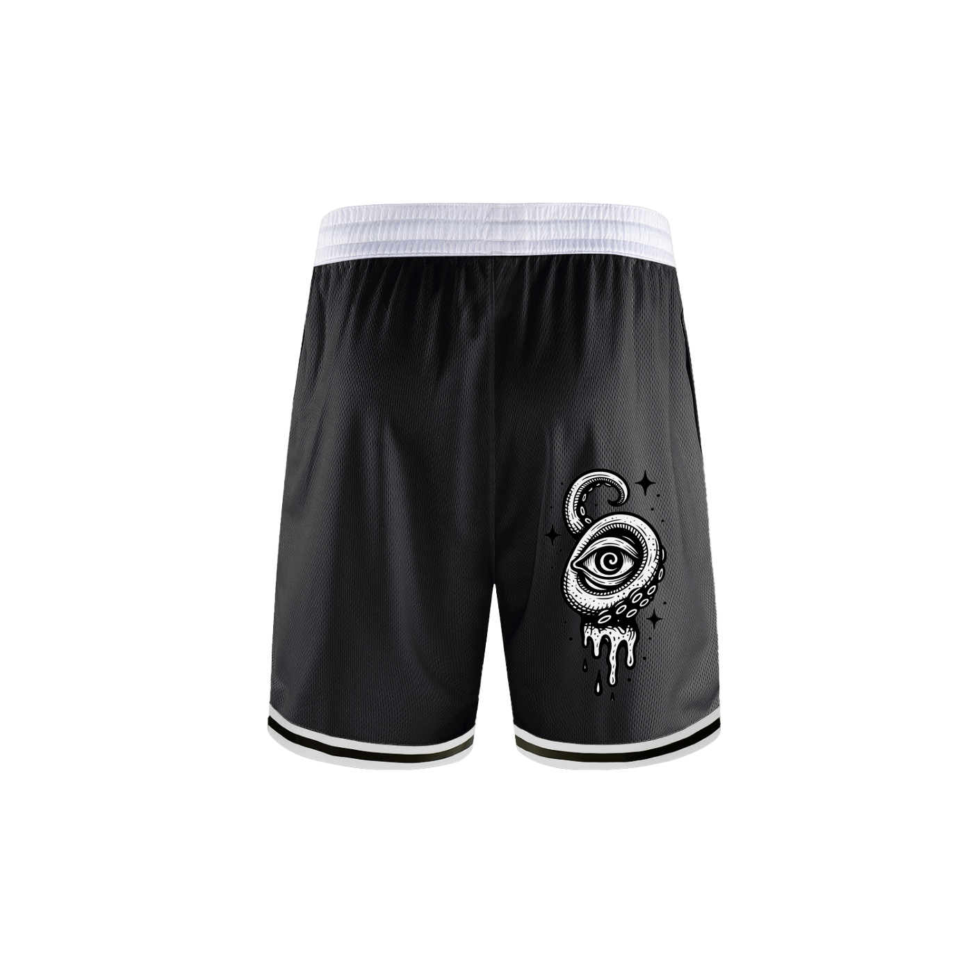 Black polyester gym shorts with dripping cosmic eye design – All-Seeing Sprint