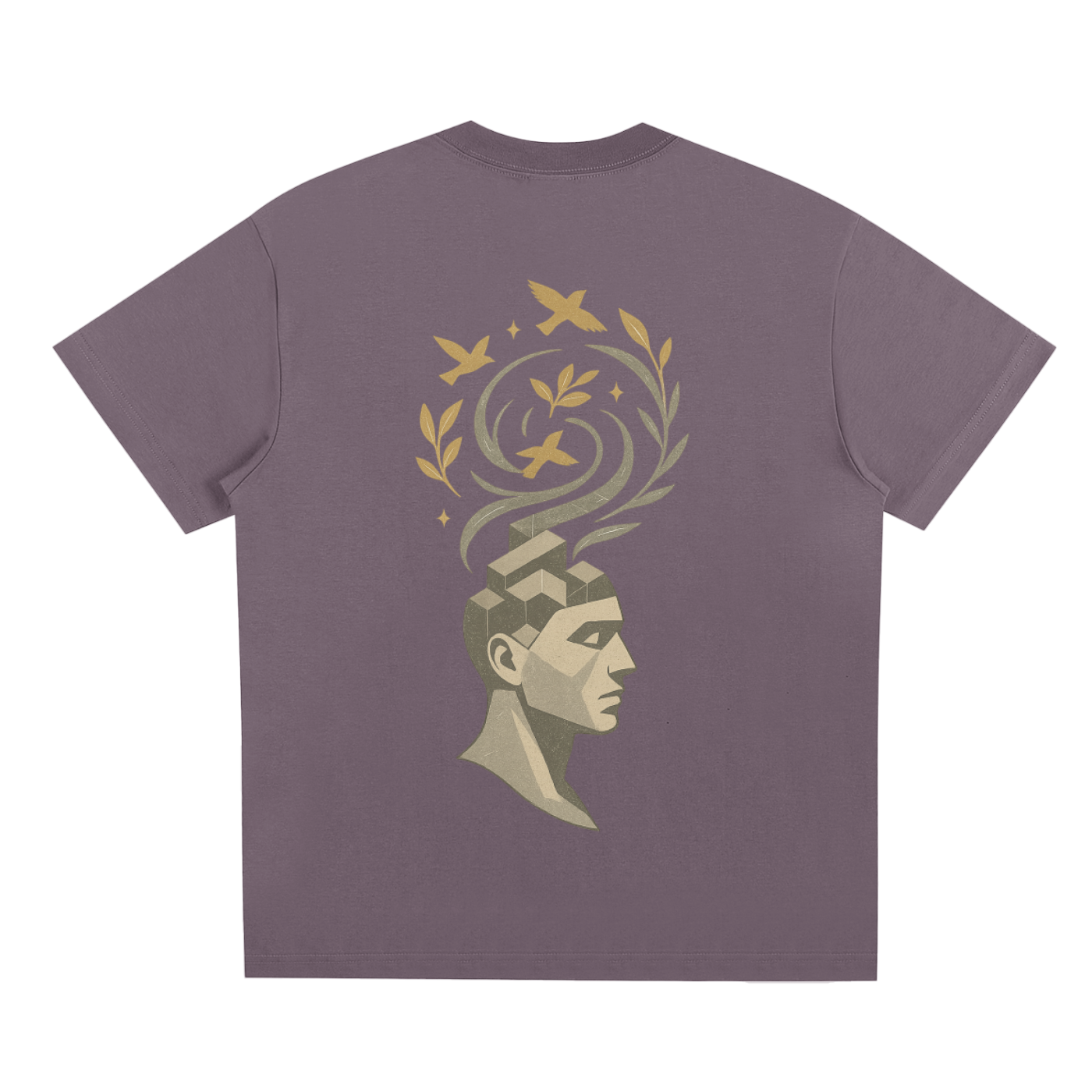 Back visual of abstract swirling thoughts and nature print on plum purple t-shirt