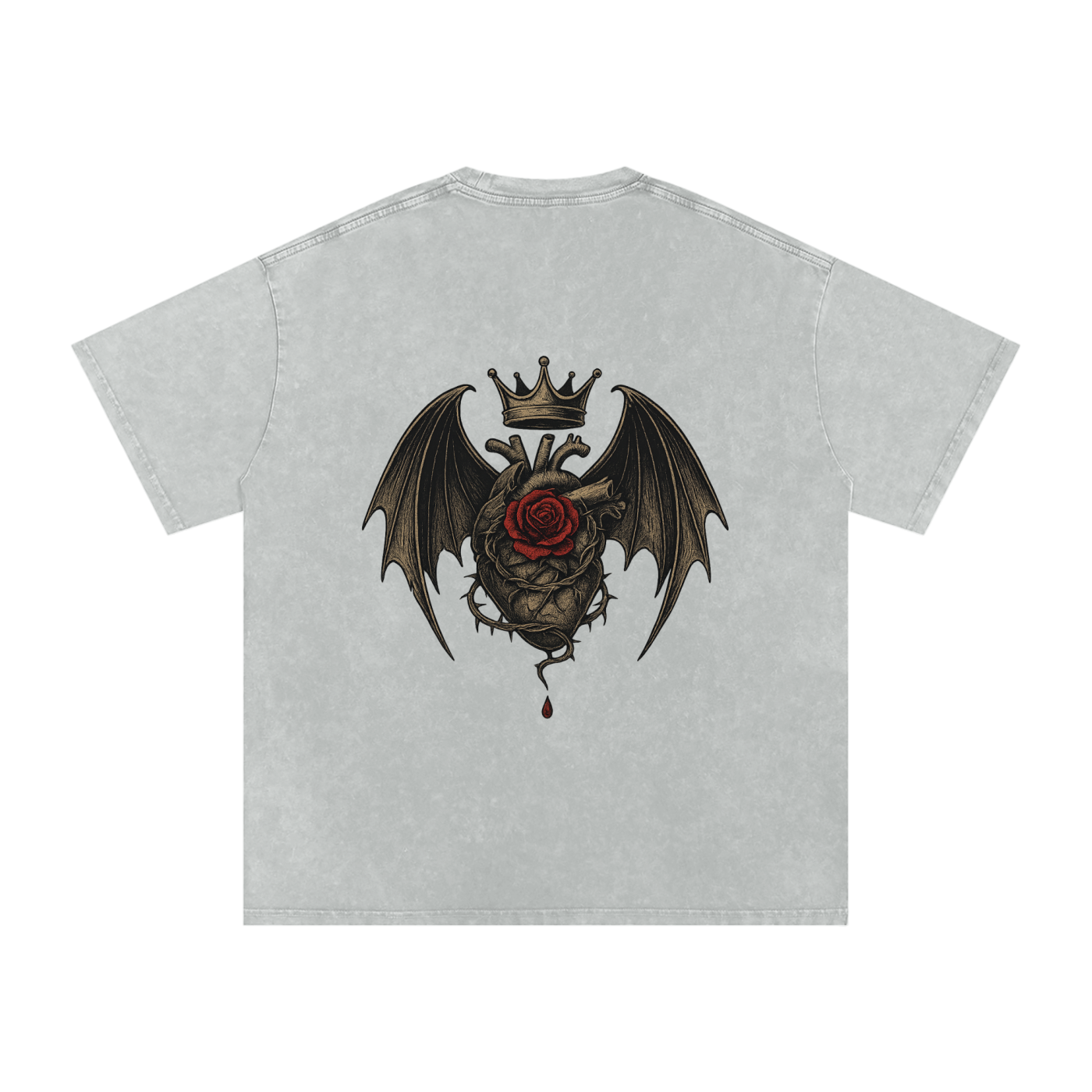 Back print of crowned bleeding heart with gothic wings and rose detail – unisex streetwear by Stitro Light Gray