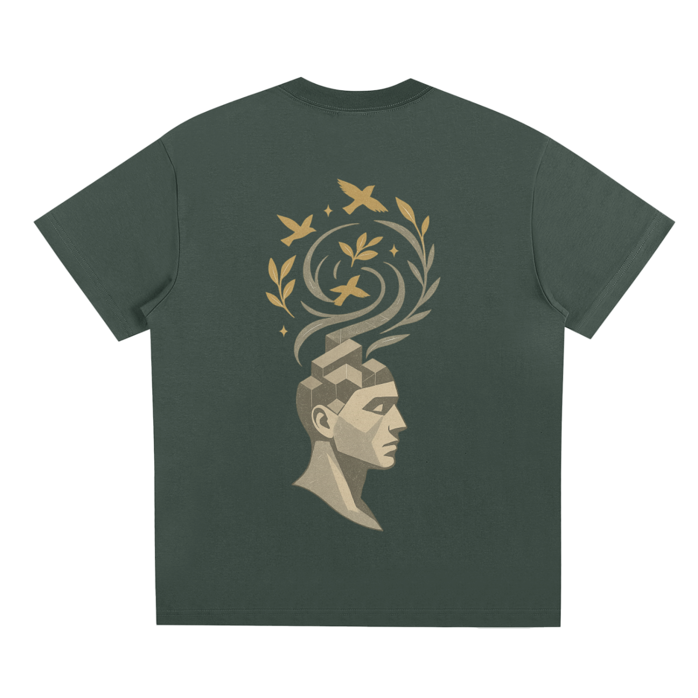 Back print of imaginative bird-leaf swirl rising from abstract head on green oversized tee