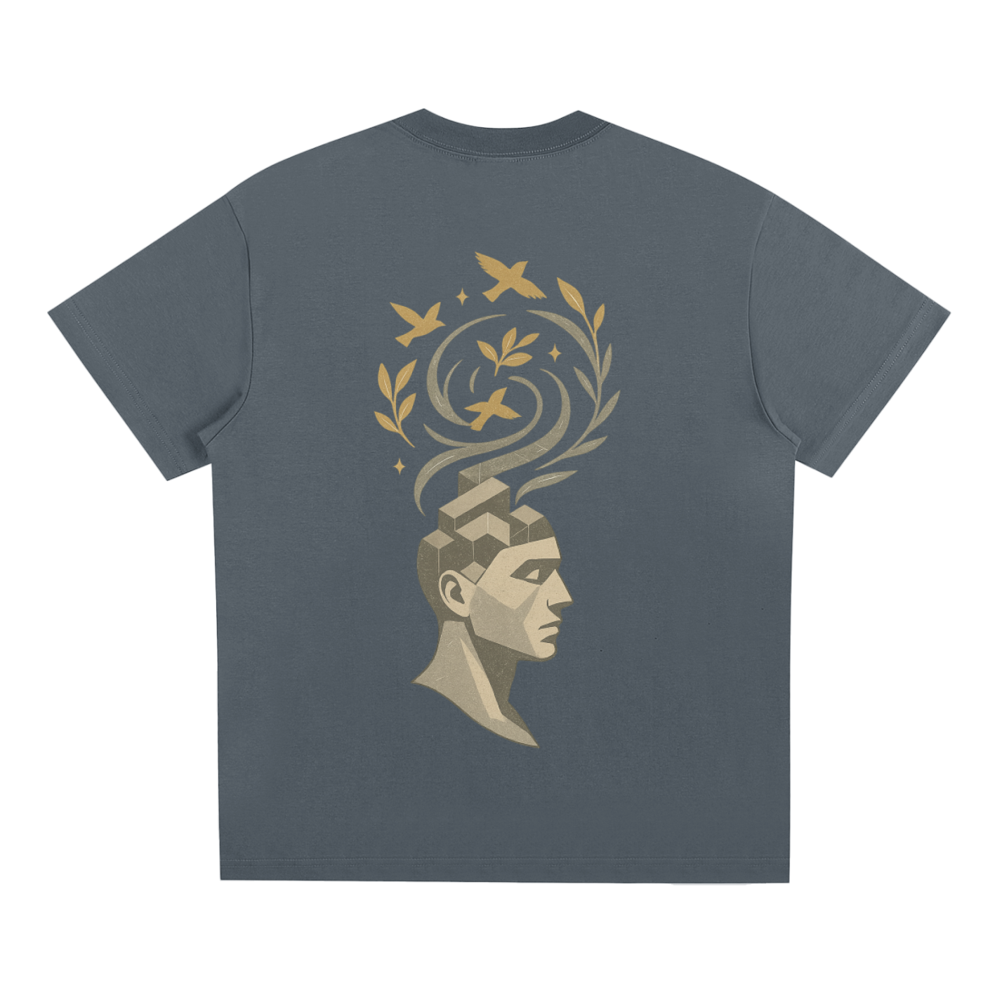 Back illustration of abstract mind with birds and nature elements on dark gray oversized fit