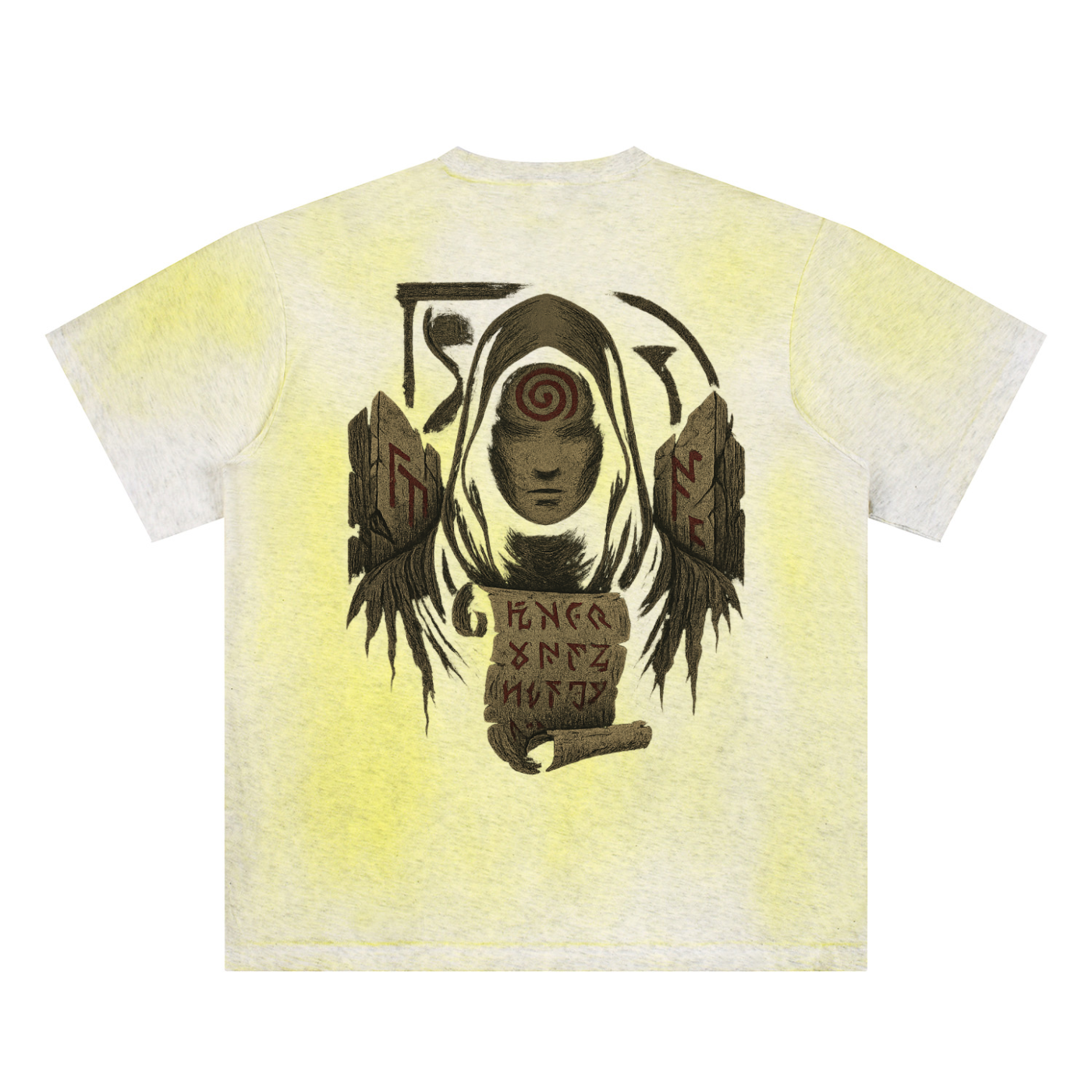 Mystic Spiral Eye design on breathable streetwear t-shirt, yellow
