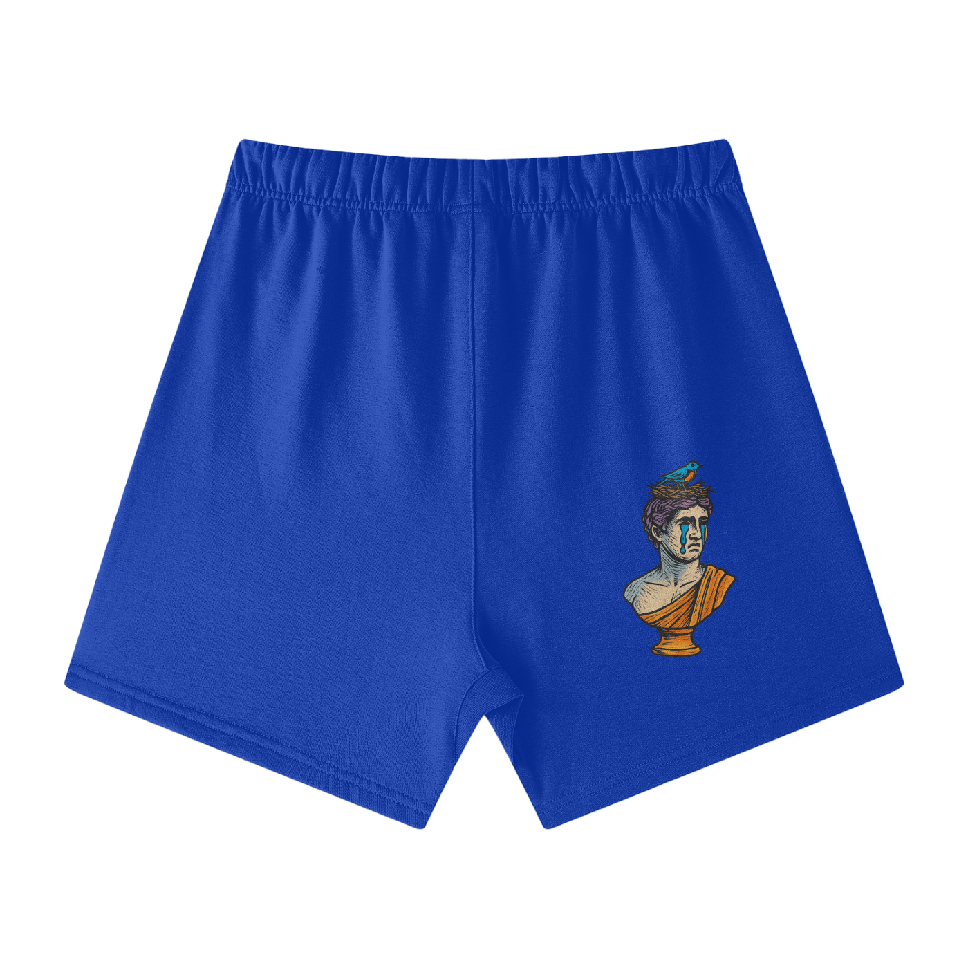 Colorful Blue Solar Equilibrium cotton shorts back – expressive bust and perched bird detail, stylish design