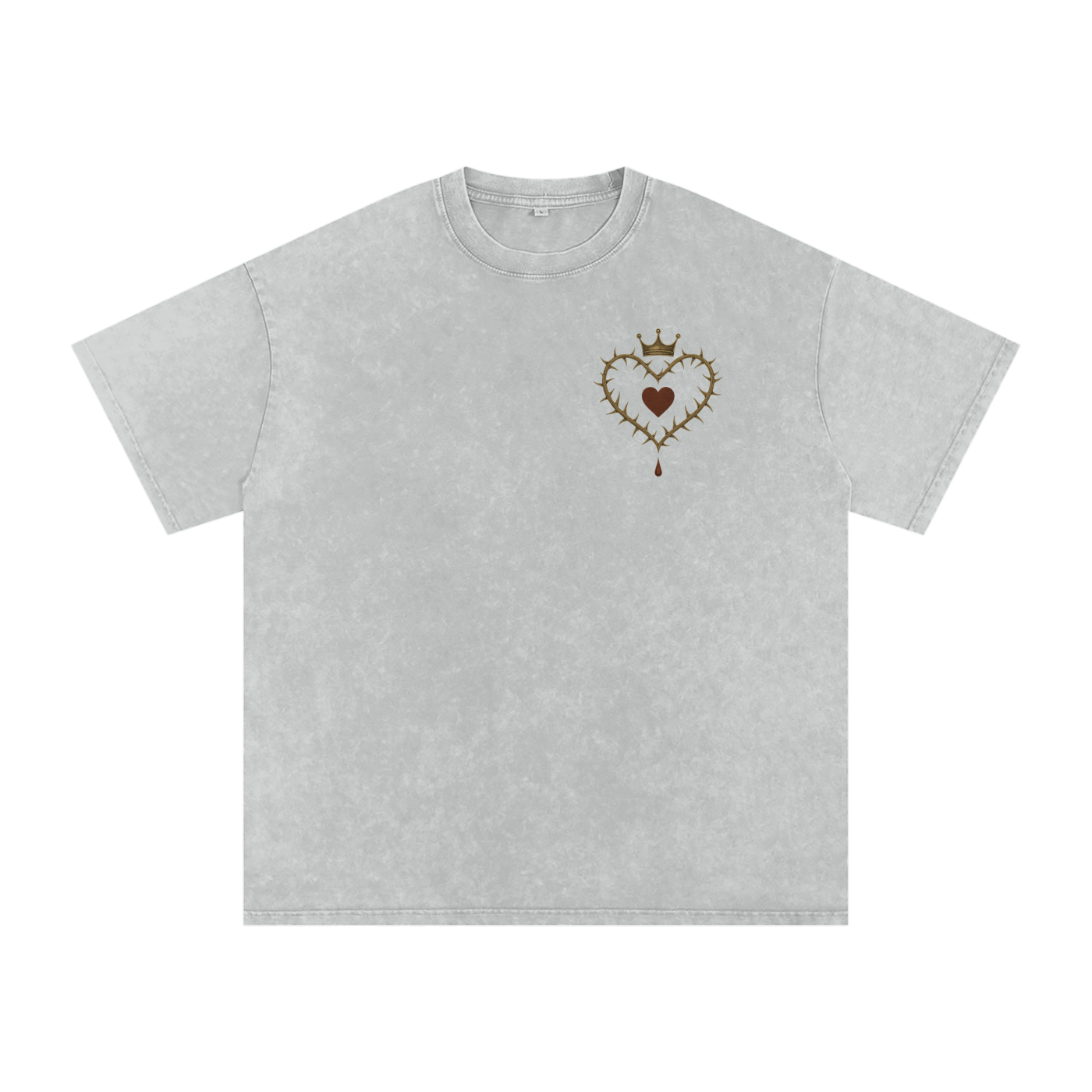 Front view of Crowned Heart graphic t-shirt with taçlı kalp, gül ve damlayan kan baskısı – black washed oversized tee Light Gray