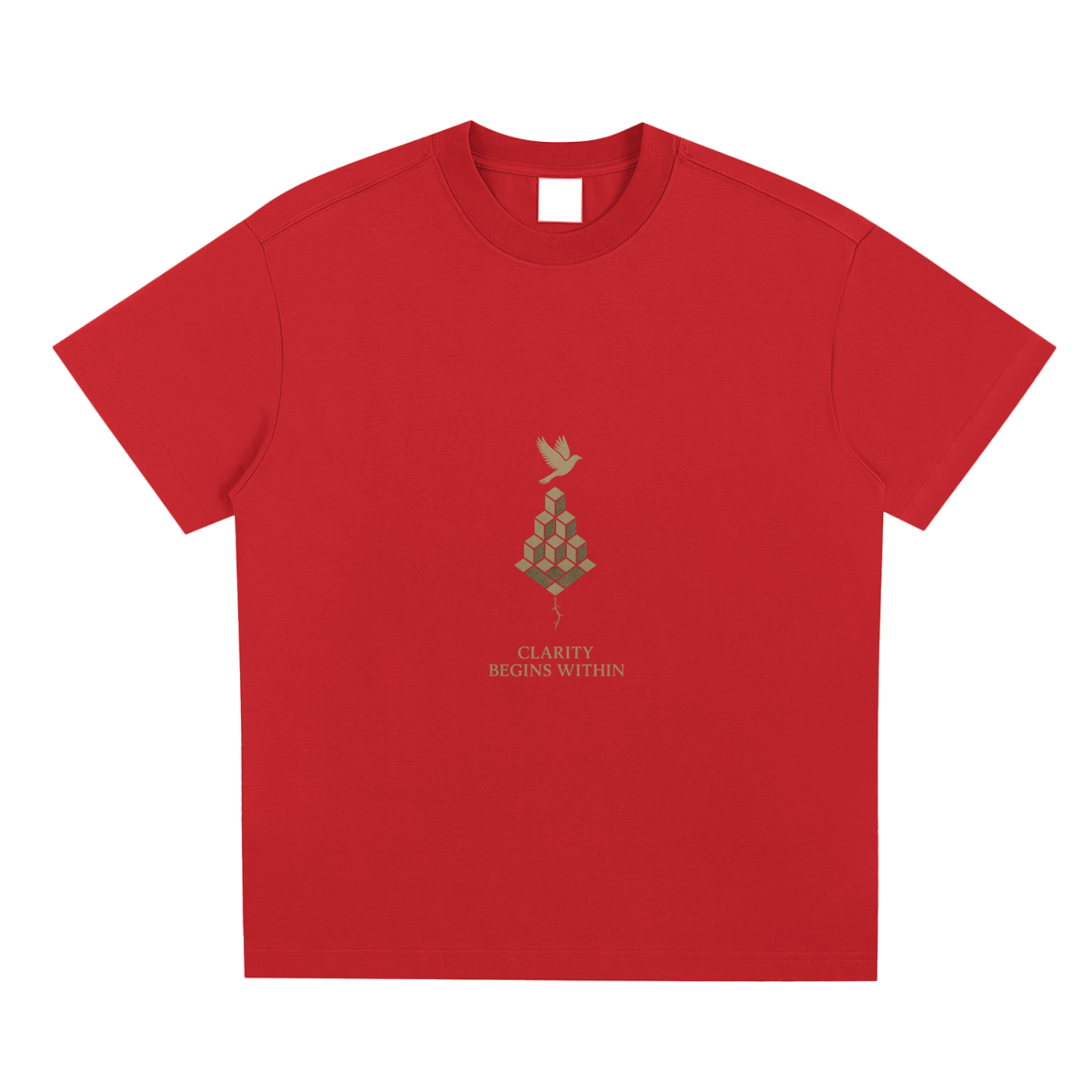 Front artwork of golden blooming mind graphic on red Sorona® tee