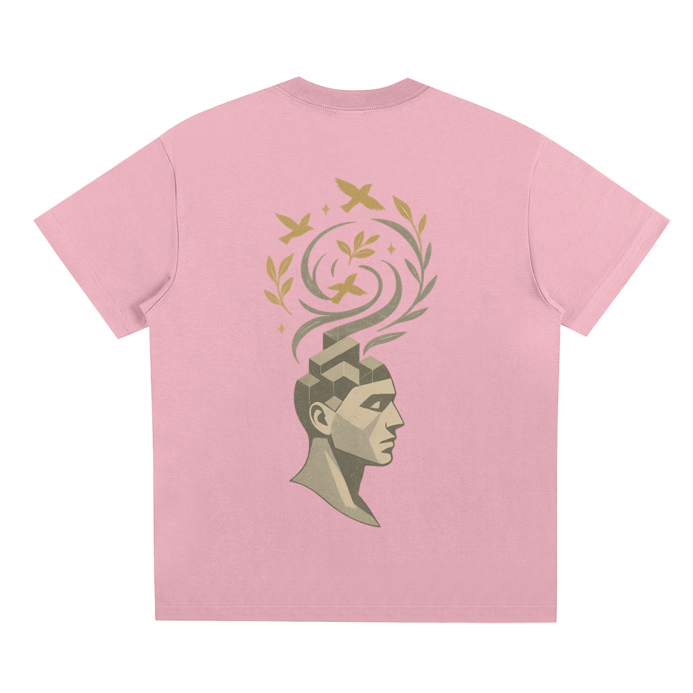 Pink background with abstract golden head and birds design on the back