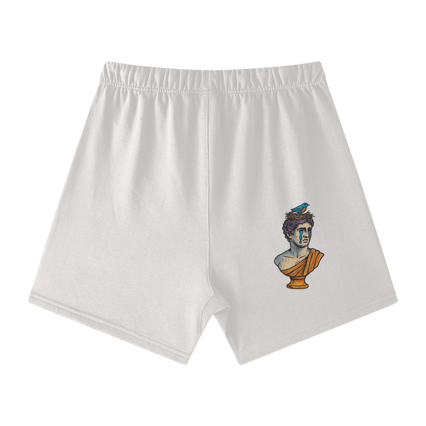 Oat Gray Solar Equilibrium cotton shorts back – emotional statue design, mid waist comfy cotton shorts