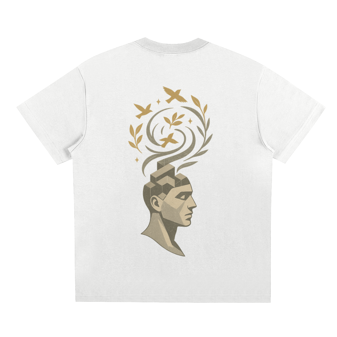 Back of white Mind Bloom shirt showcasing artistic birds and leaves emerging from head