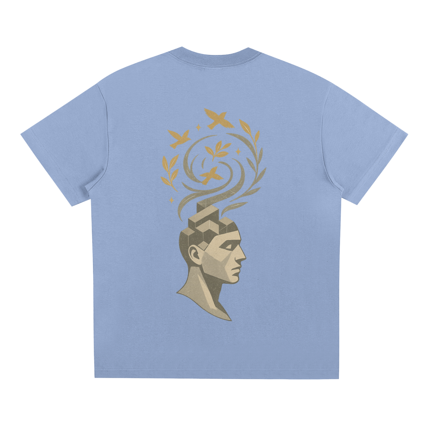 Sky blue cotton tee featuring back graphic of artistic mind and birds in harmony