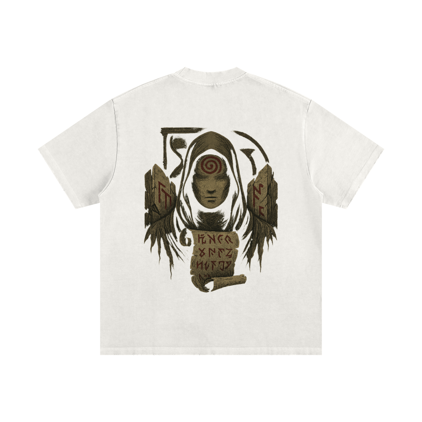 Spiral eye print on oversized washed 430g streetwear cotton shirt, white