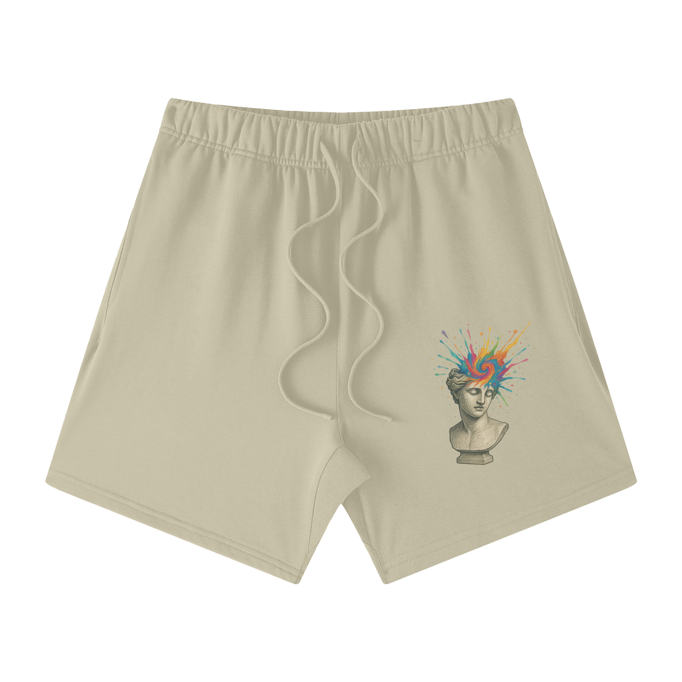 Sand Color Solar Equilibrium cotton shorts front – rainbow statue graphic, breathable loose fit men’s shorts