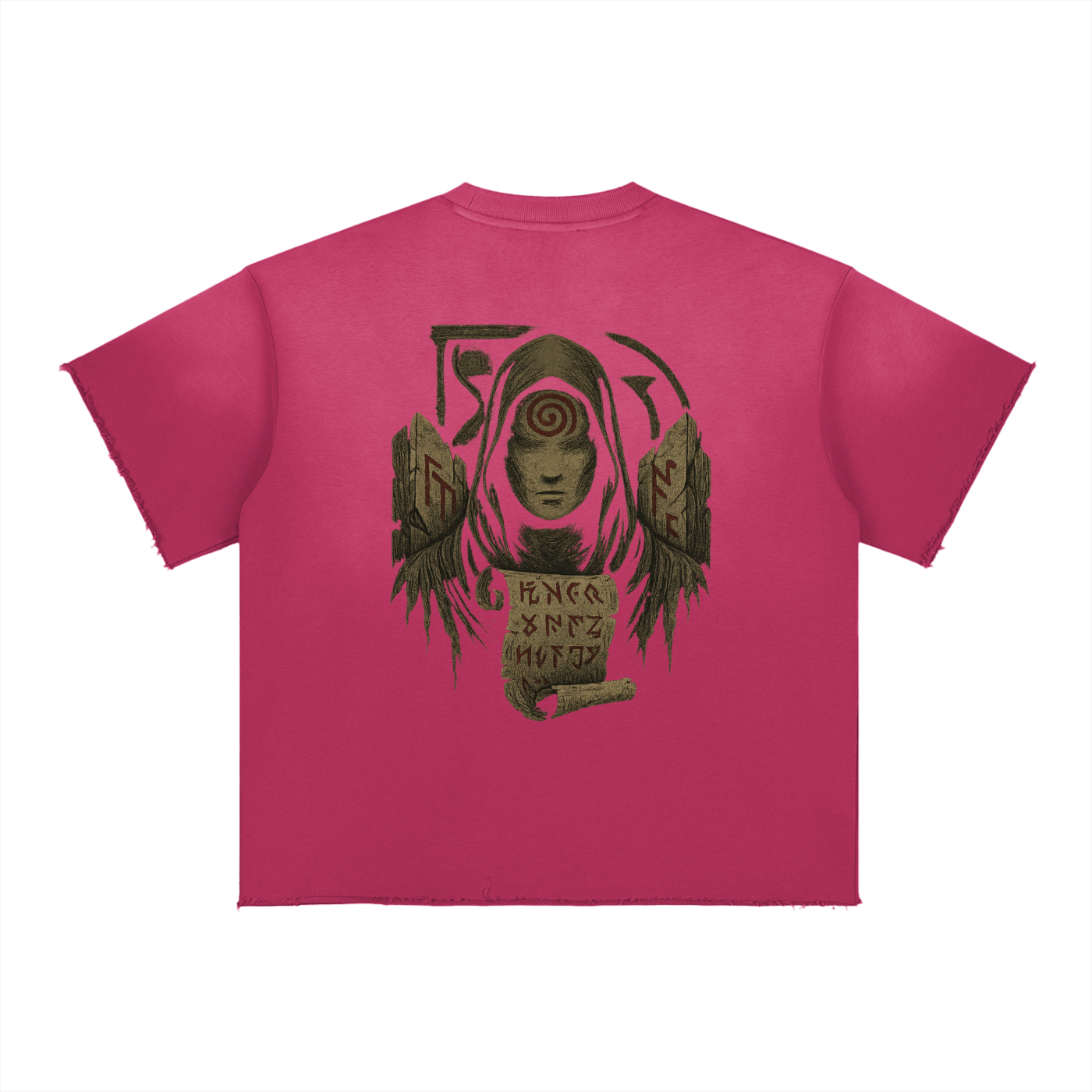 Streetwear shirt with mystical spiral back design and oversized fit, rose red