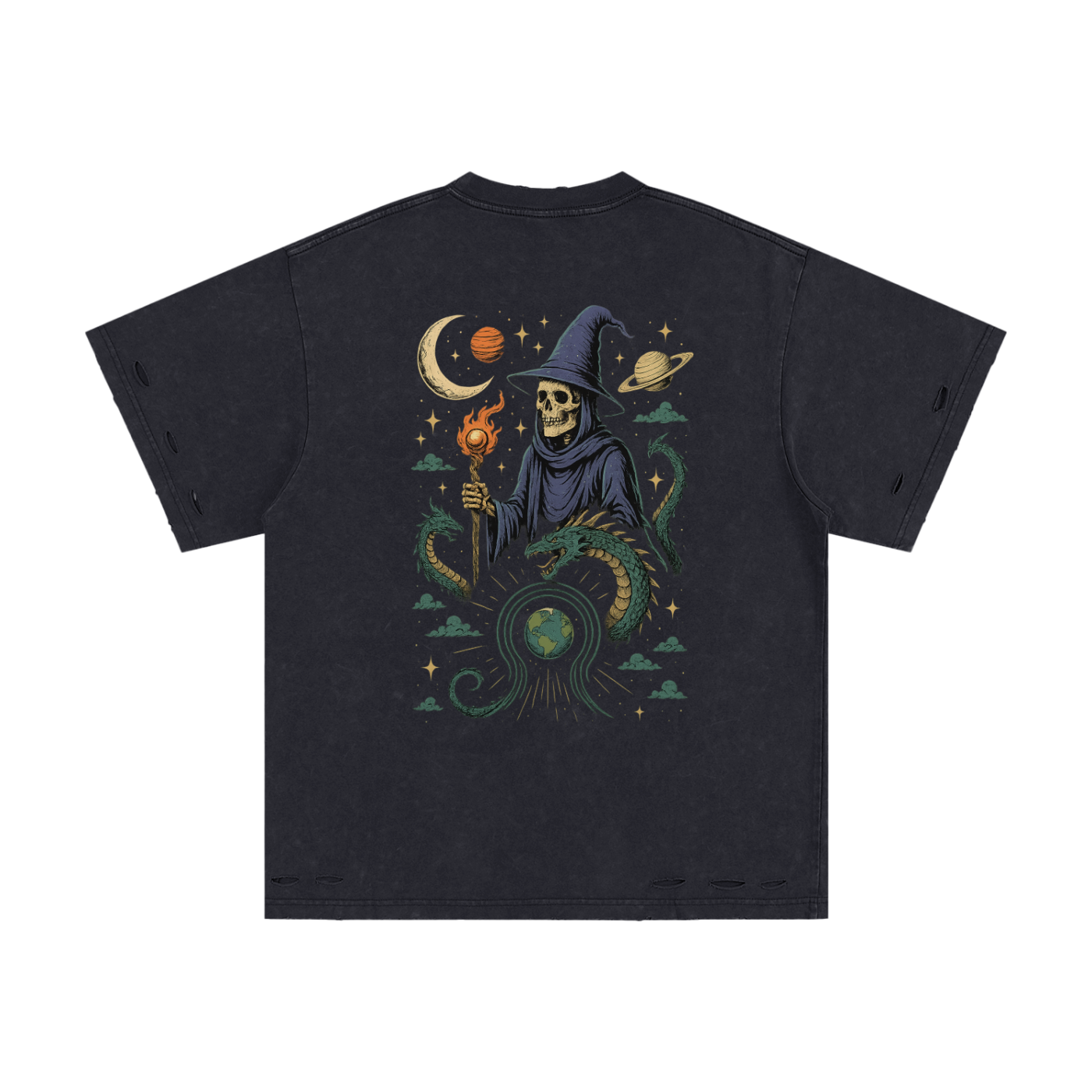 Back graphic of wizard summoning space forces in dark gray tee
