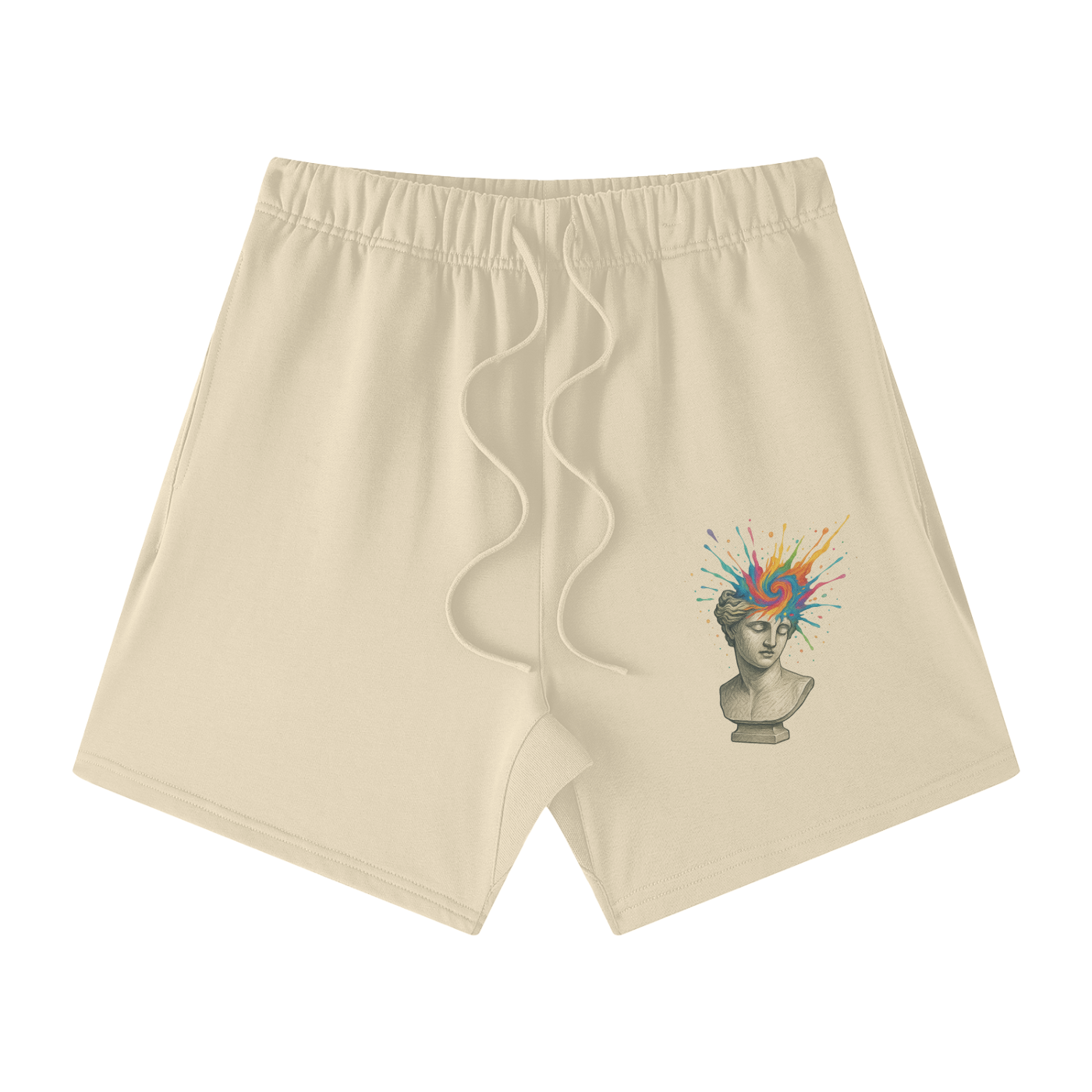 Milk Tea Solar Equilibrium cotton shorts front – colorful statue head burst print, casual cotton shorts