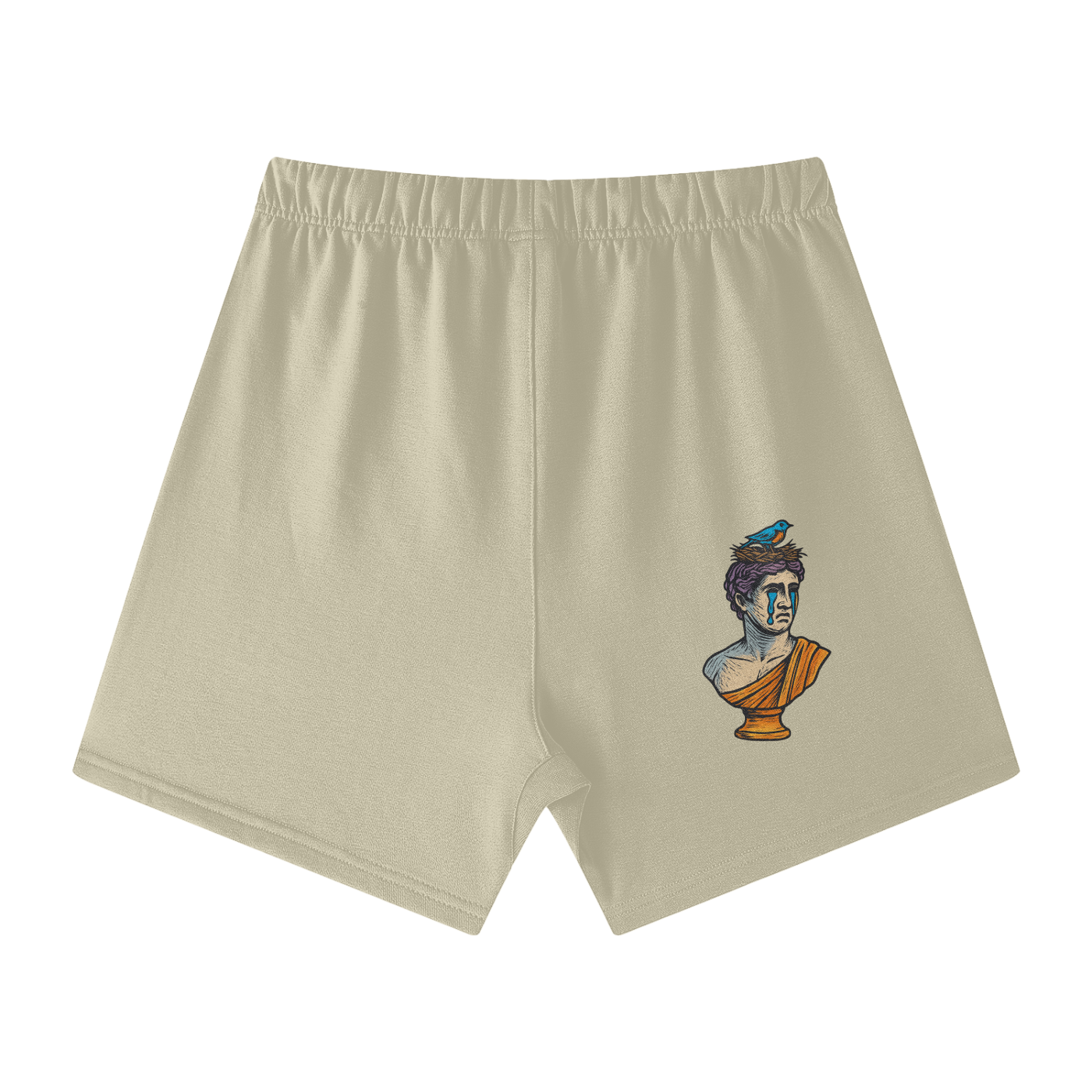 Sand Color Solar Equilibrium cotton shorts back – classic bust with emotion and bird detail, spring/summer fashion