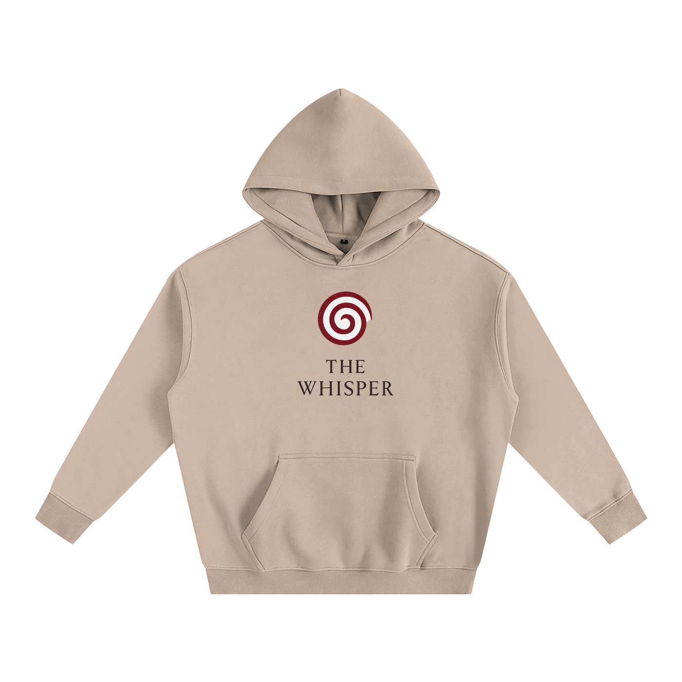 Mystic Spiral Eye graphic hoodie with printed front spiral emblem, gray apricot