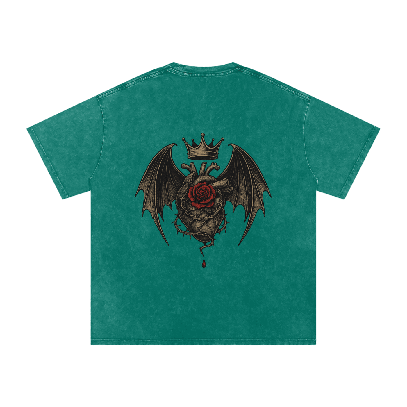 Back print of crowned bleeding heart with gothic wings and rose detail – unisex streetwear by Stitro Dark Green