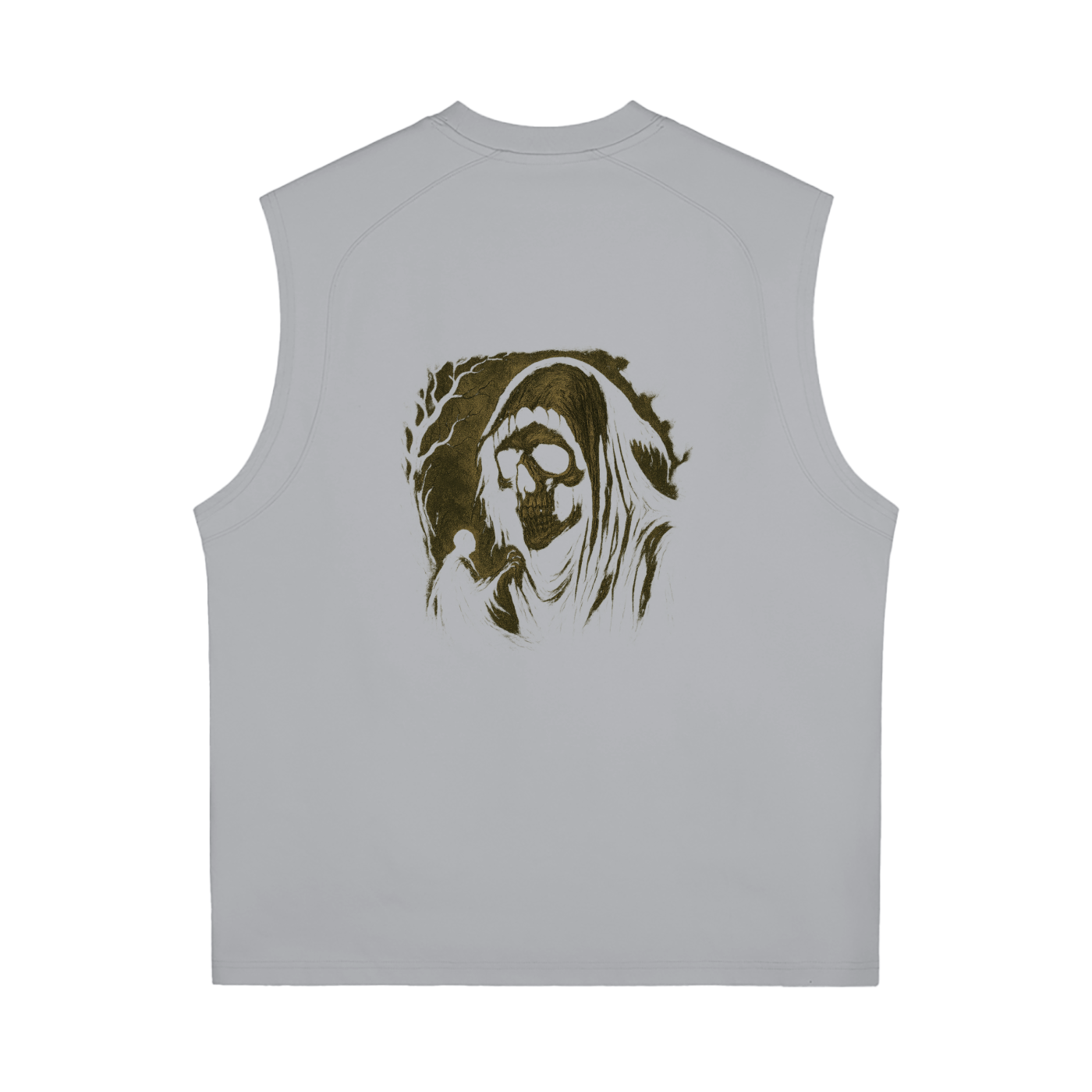 Sleeveless streetwear shirt with skull reaper artwork and soft fabric, light gray