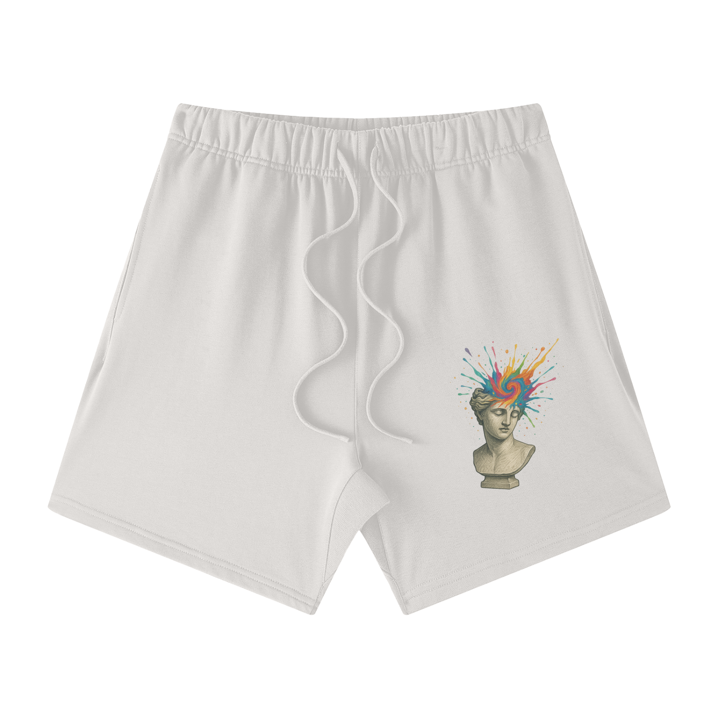 Oat Gray Solar Equilibrium cotton shorts front – surreal colorful bust graphic, breathable loose fit cotton