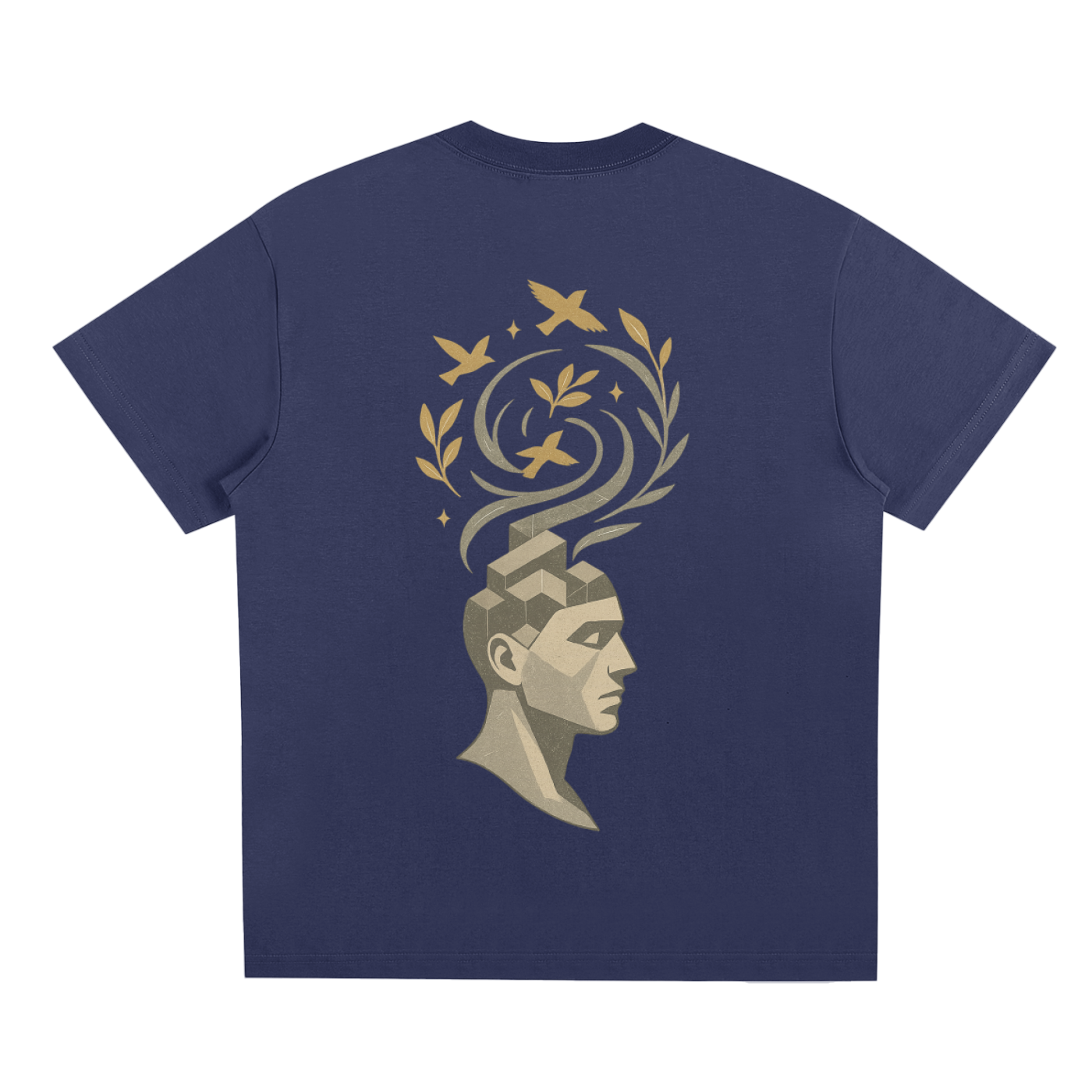 Back design showing mind-inspired artistic pattern with birds on blue cotton blend