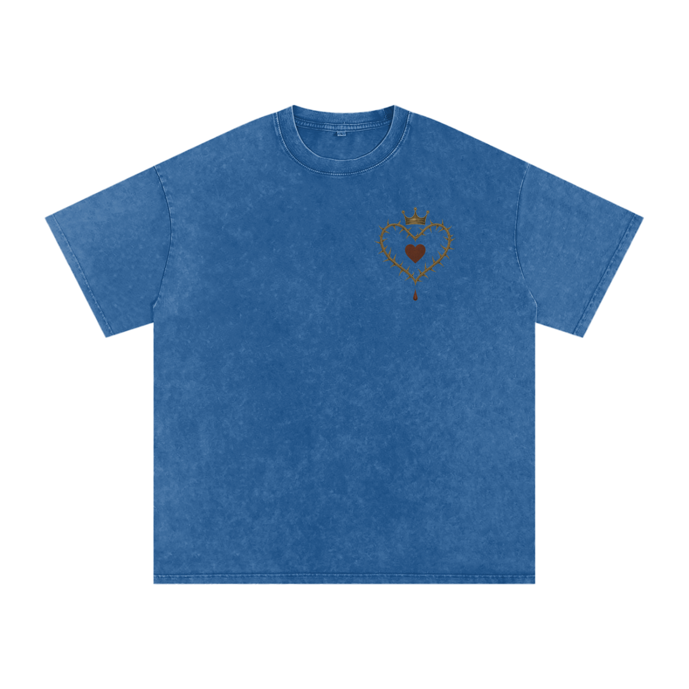 Front view of Crowned Heart graphic t-shirt with taçlı kalp, gül ve damlayan kan baskısı – black washed oversized tee Dark Blue