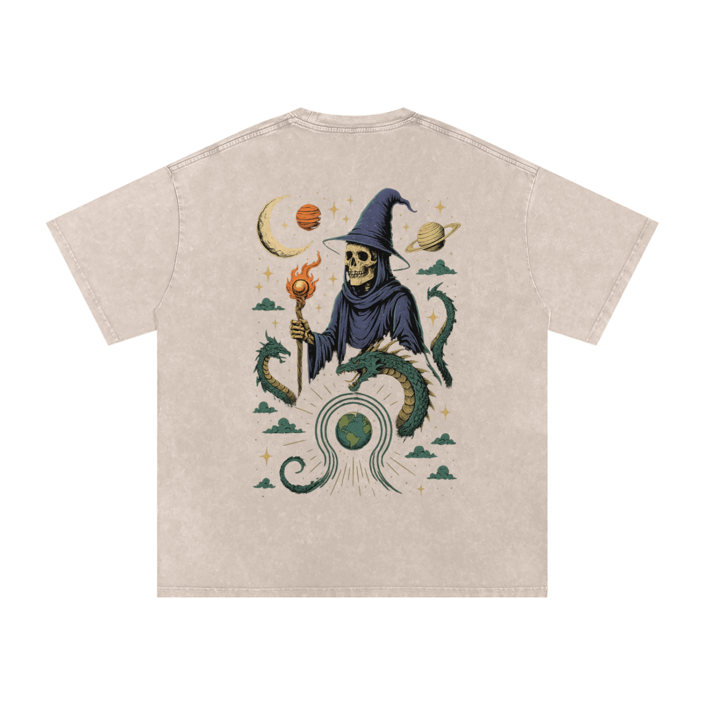 Celestial wizard and dragon print on apricot vintage graphic tee