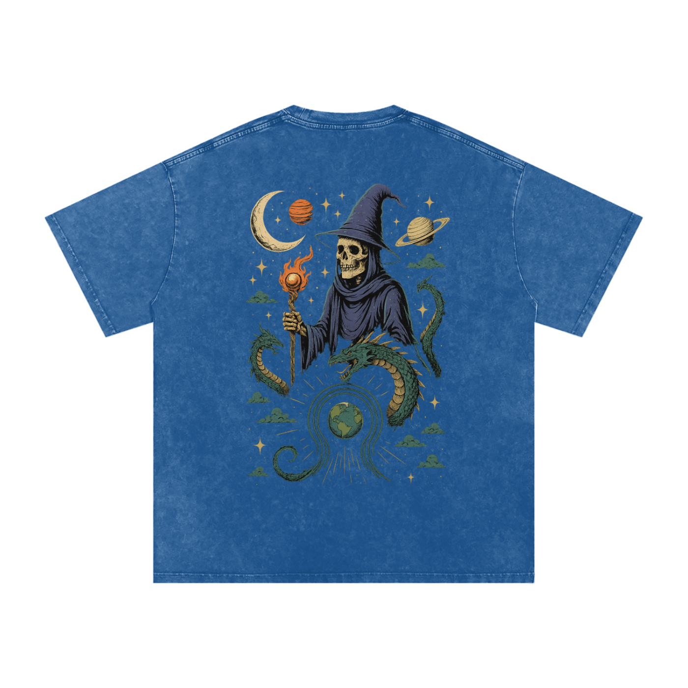 Planets and snake circle around Earth on dark blue tee