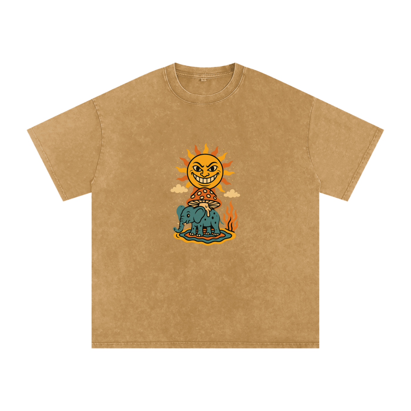 Celestial elephant and sun graphic on light brown tee
