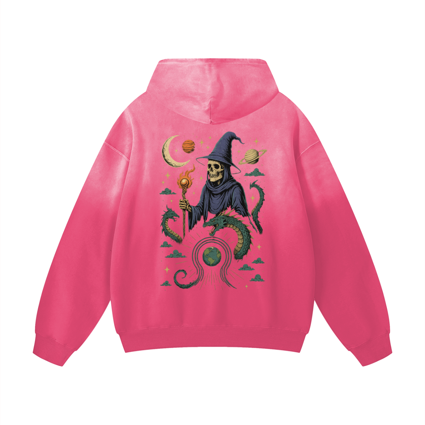 Planet and dragon artwork on pink streetwear hoodie back