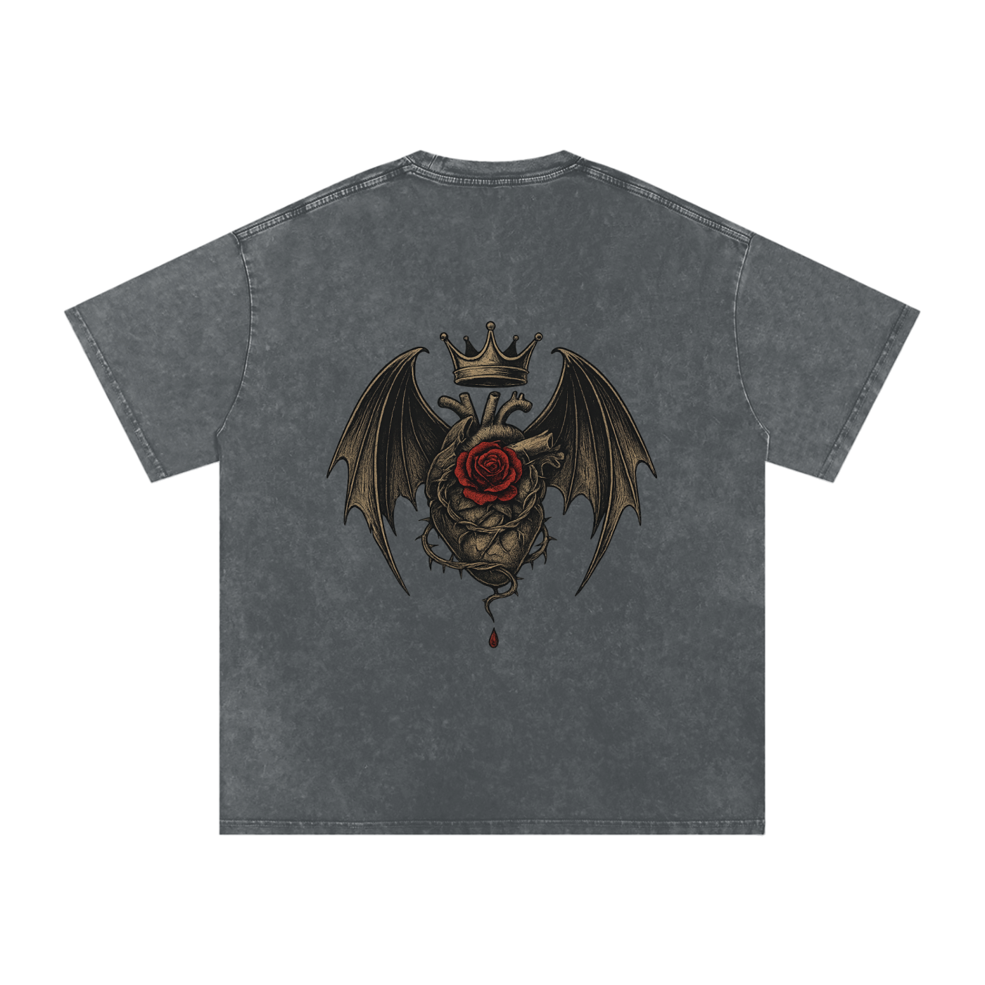 Back print of crowned bleeding heart with gothic wings and rose detail – unisex streetwear by Stitro Pirate Gray