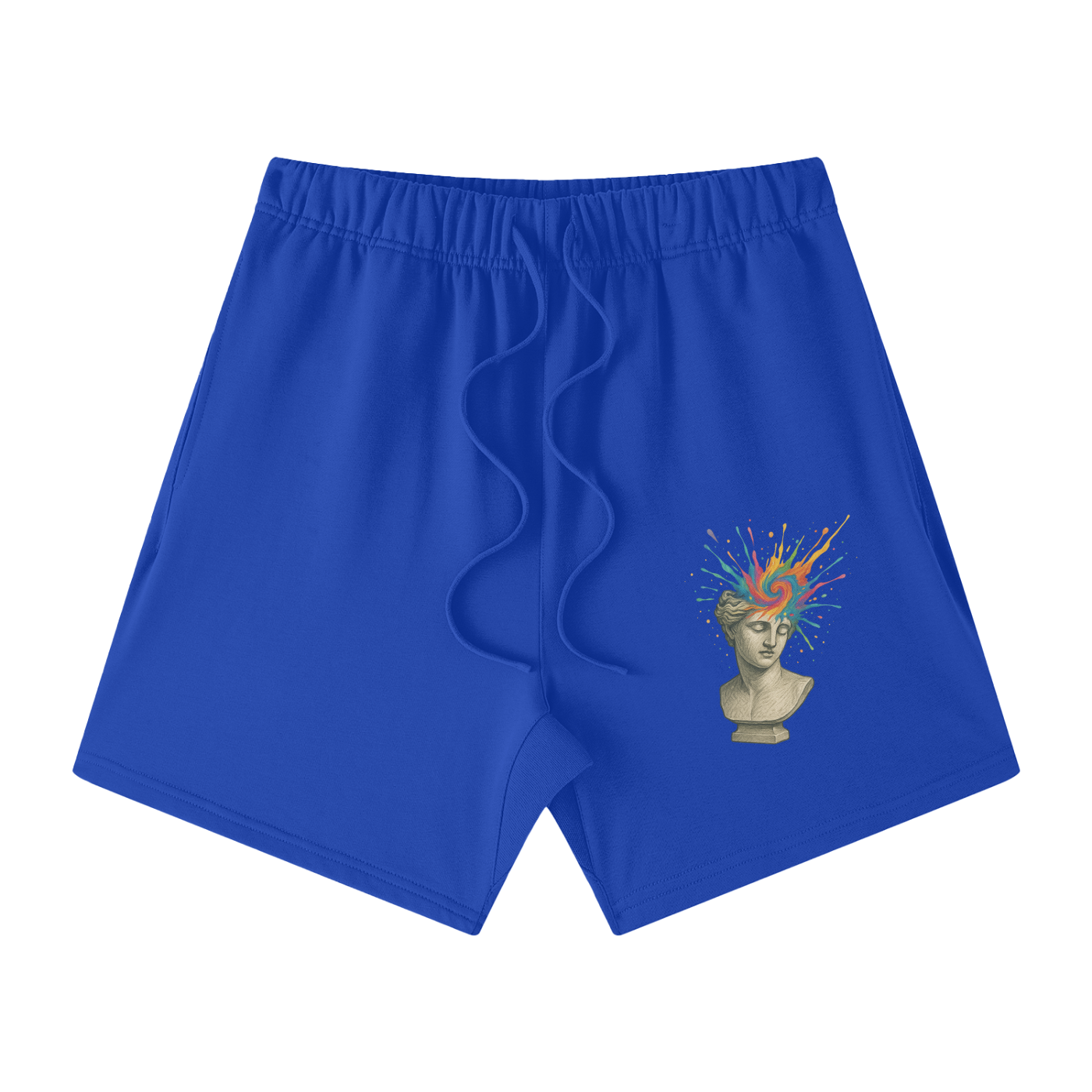 Colorful Blue Solar Equilibrium cotton shorts front – bust explosion rainbow art, creative men’s summer shorts