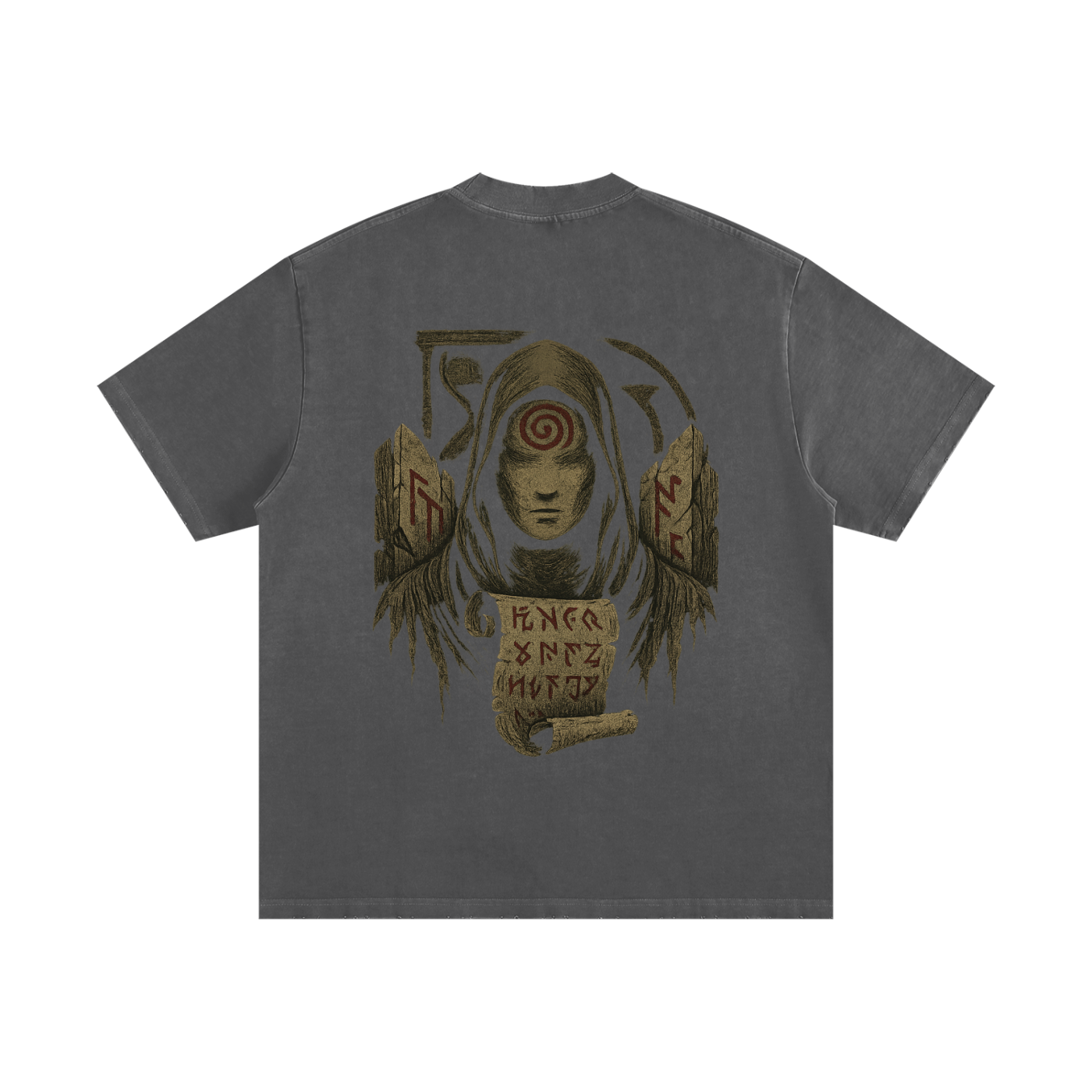 Spiral eye print on oversized washed 430g streetwear cotton shirt, dark gray