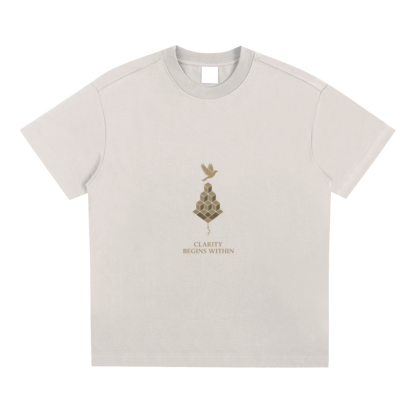 Apricot front display of Mind Bloom tee with elegant golden art print