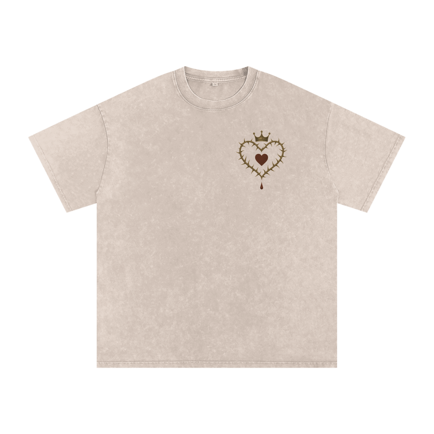 Front view of Crowned Heart graphic t-shirt with taçlı kalp, gül ve damlayan kan baskısı – black washed oversized tee Apricot