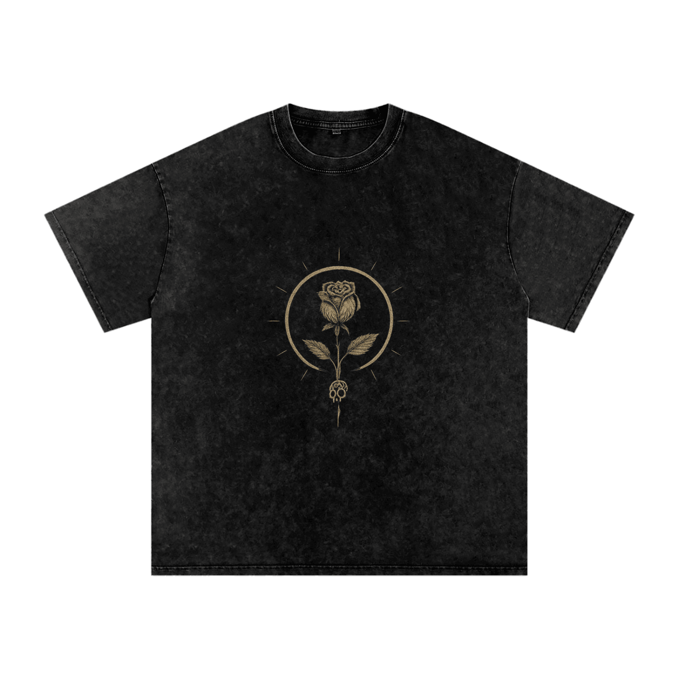 Front design of dark graphic tee featuring golden rose artwork with skull motif on washed cotton Black