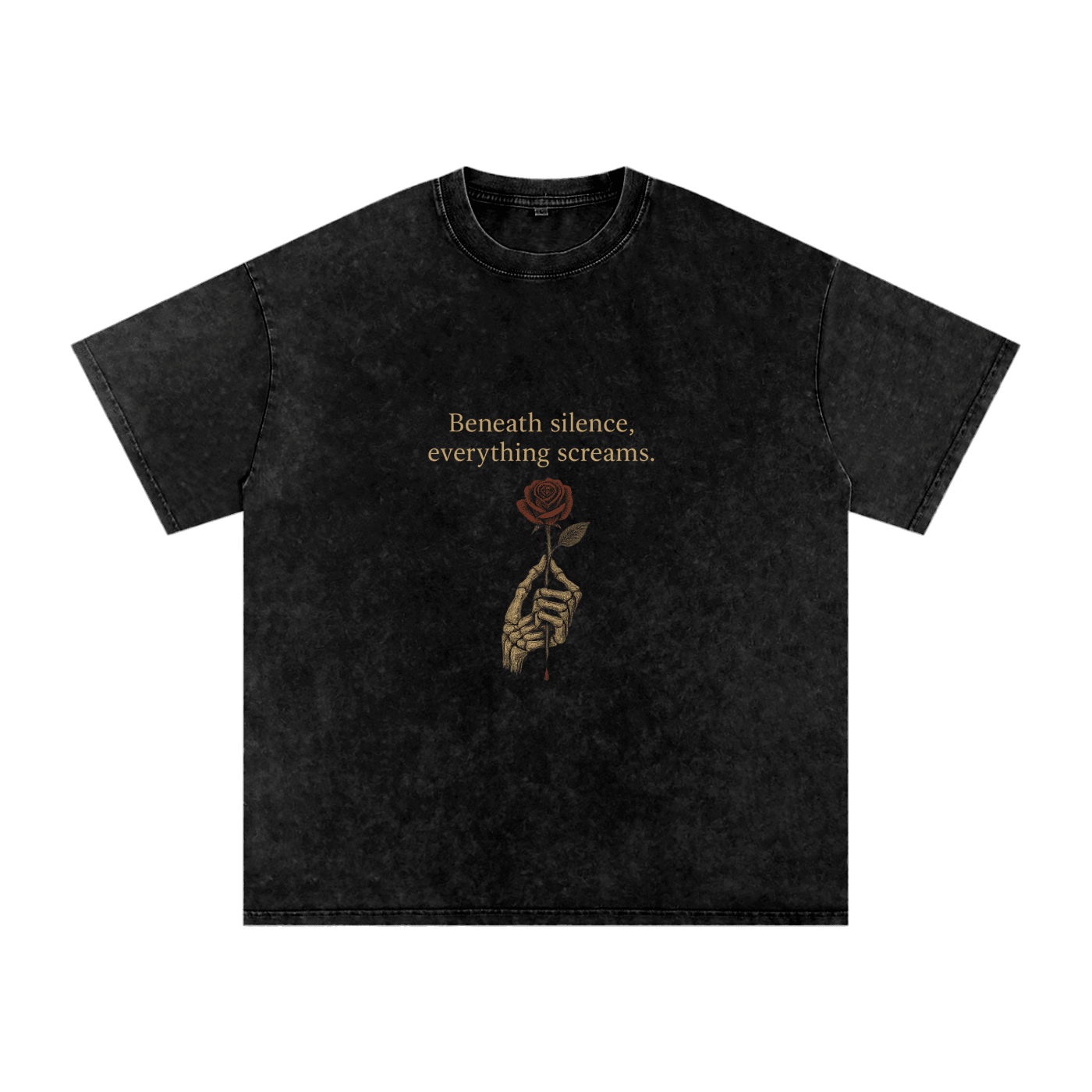 Front print of Masked Silence tee showing skeleton hand holding red rose beneath a silent quote on washed black cotton Black