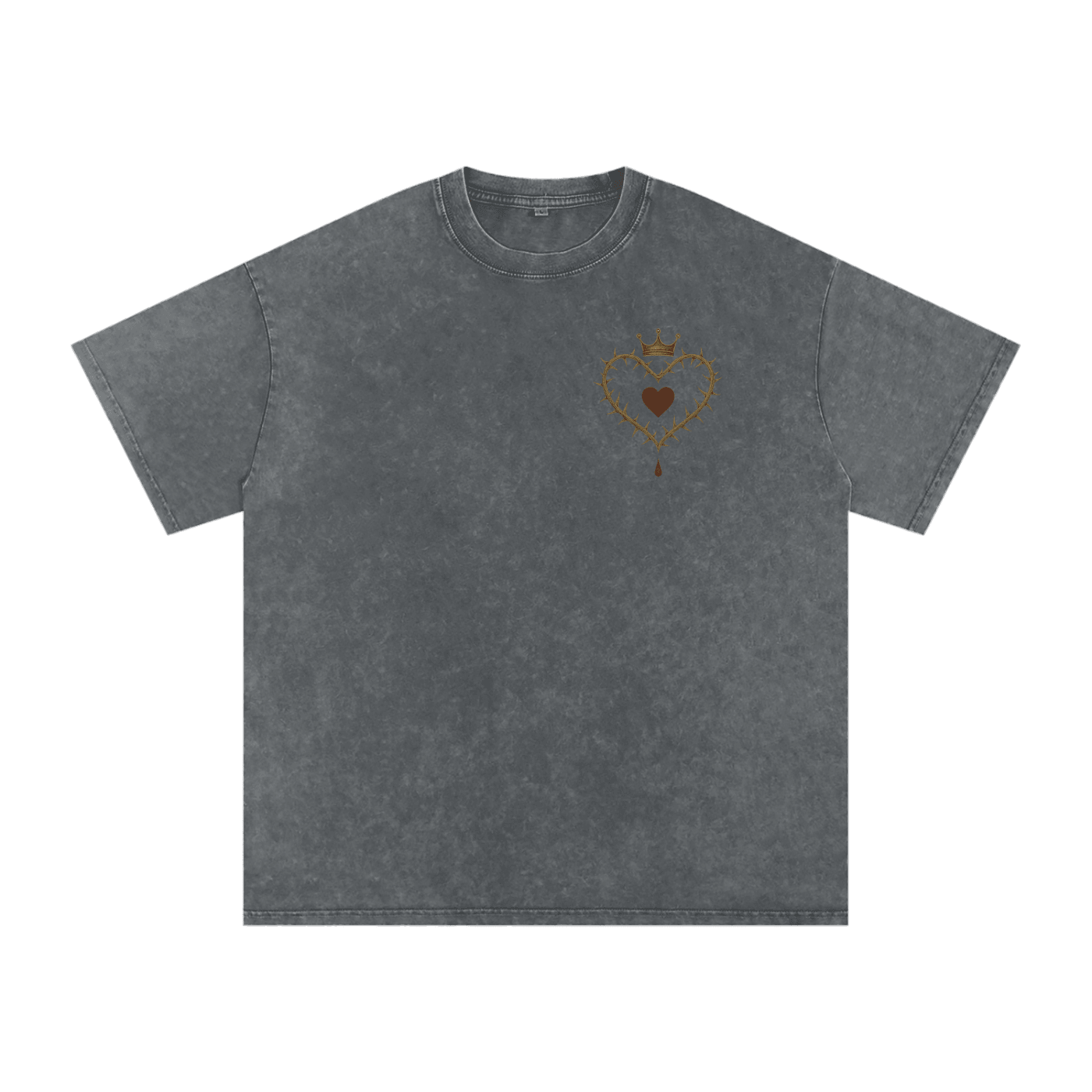 Front view of Crowned Heart graphic t-shirt with taçlı kalp, gül ve damlayan kan baskısı – black washed oversized tee Pirate Gray
