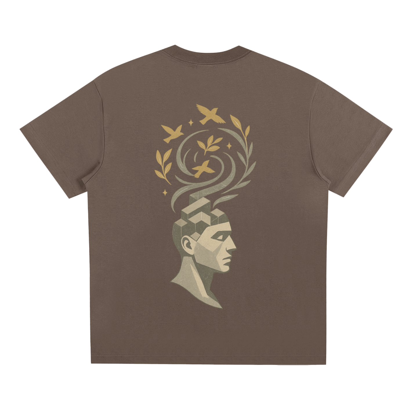 Back graphic showing artistic mind, leaves, and birds concept in earthy brown tone
