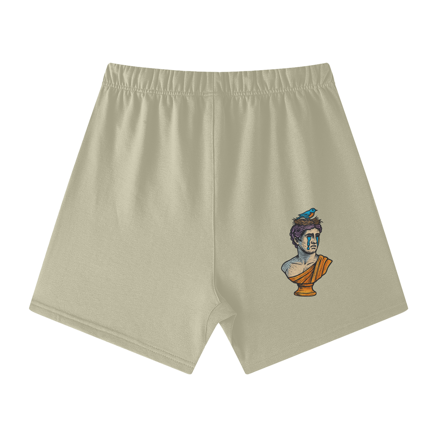 Gray Apricot Solar Equilibrium cotton shorts back – tearful face and bird bust graphic, streetwear spring style