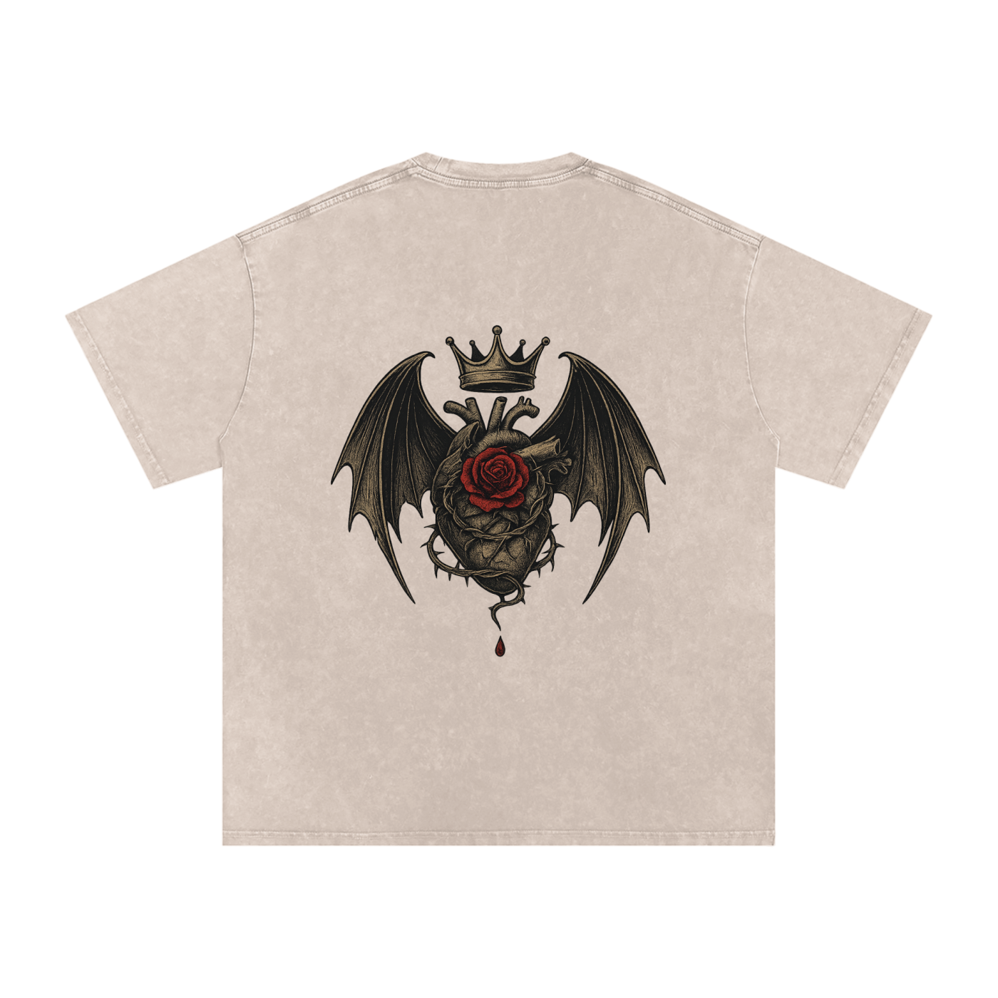 Back print of crowned bleeding heart with gothic wings and rose detail – unisex streetwear by Stitro Apricot
