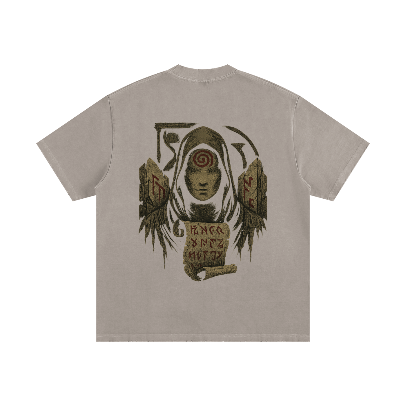 Spiral eye print on oversized washed 430g streetwear cotton shirt, light apricot