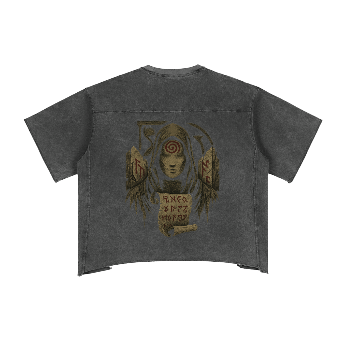 Back view of unisex streetwear cotton t-shirt with spiral eye print, gray