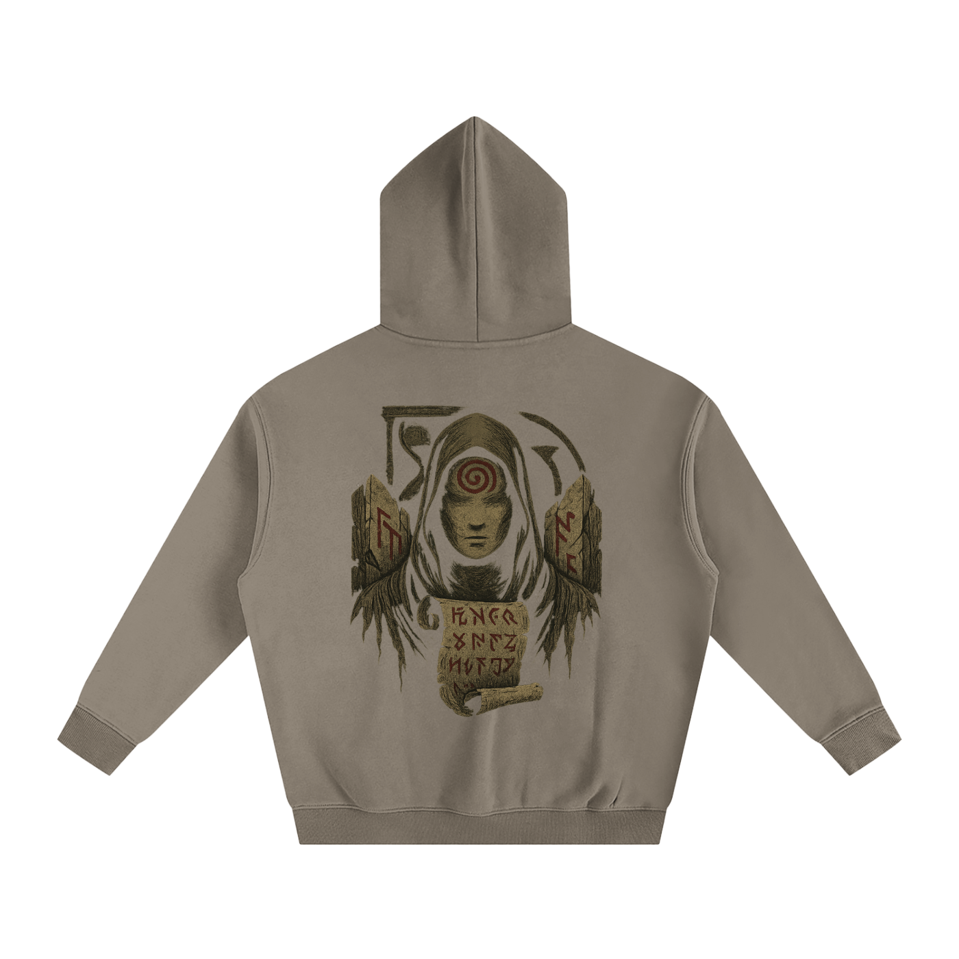 Unisex streetwear hoodie with mystic back print design, gray coffee
