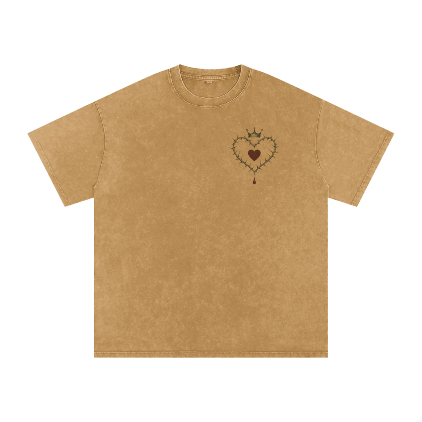Front view of Crowned Heart graphic t-shirt with taçlı kalp, gül ve damlayan kan baskısı – black washed oversized tee Light Brown
