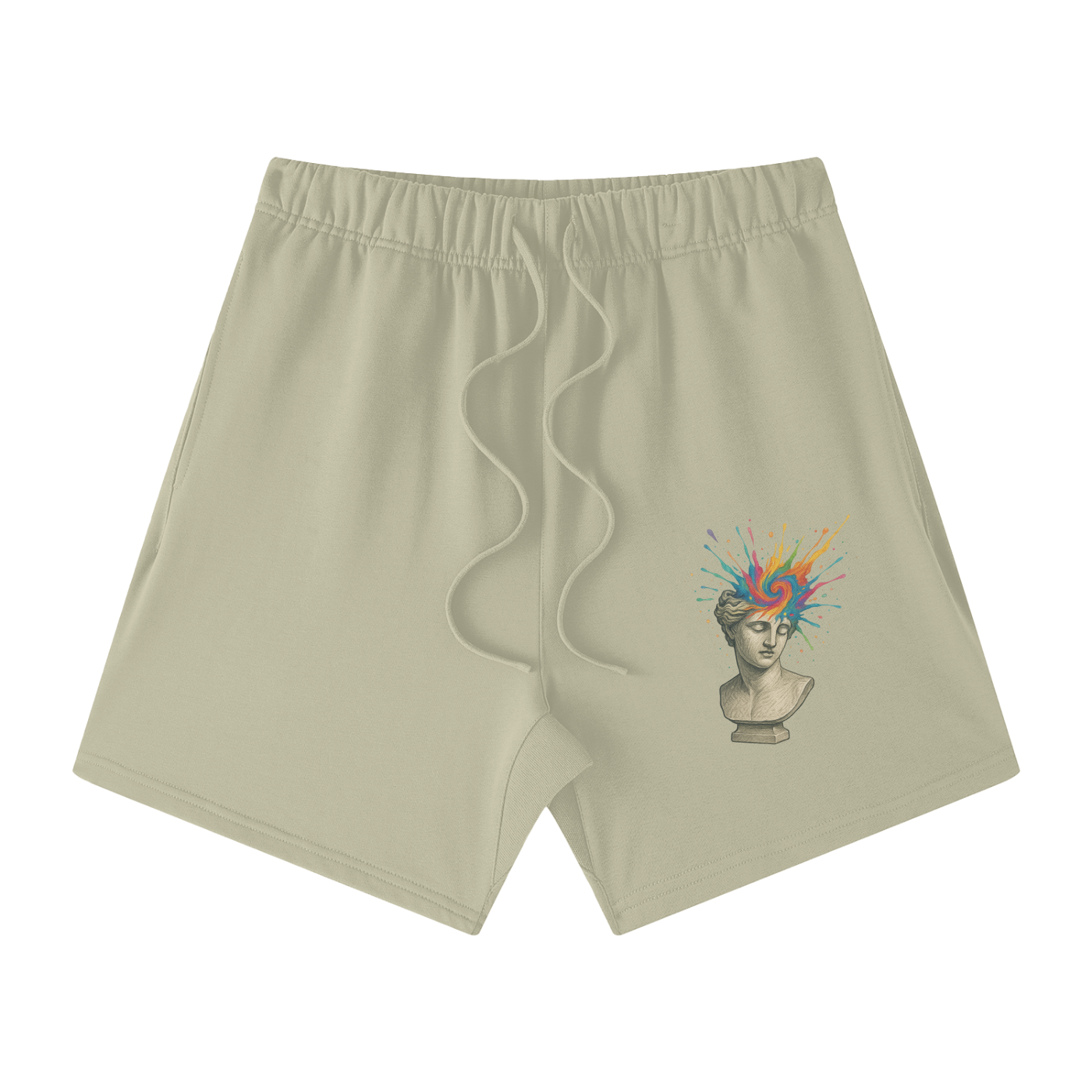 Gray Apricot Solar Equilibrium cotton shorts front – vibrant statue design, menswear casual shorts