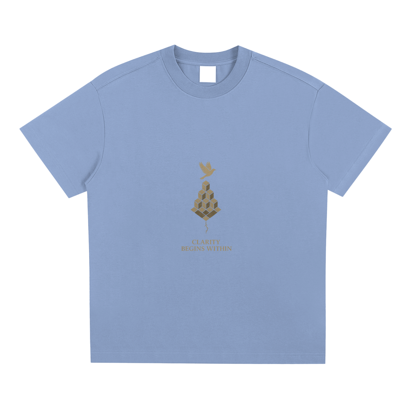 Front of oversized sky blue tee with signature Mind Bloom golden print