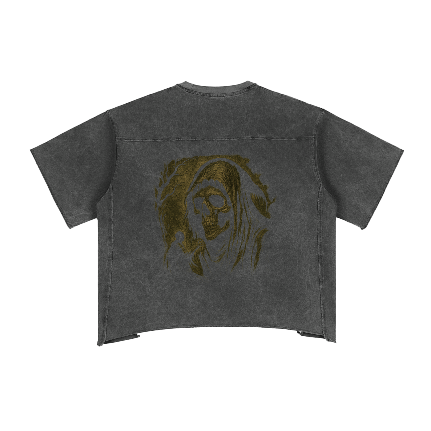 Skull reaper artwork on cotton drop shoulder graphic t-shirt, gray
