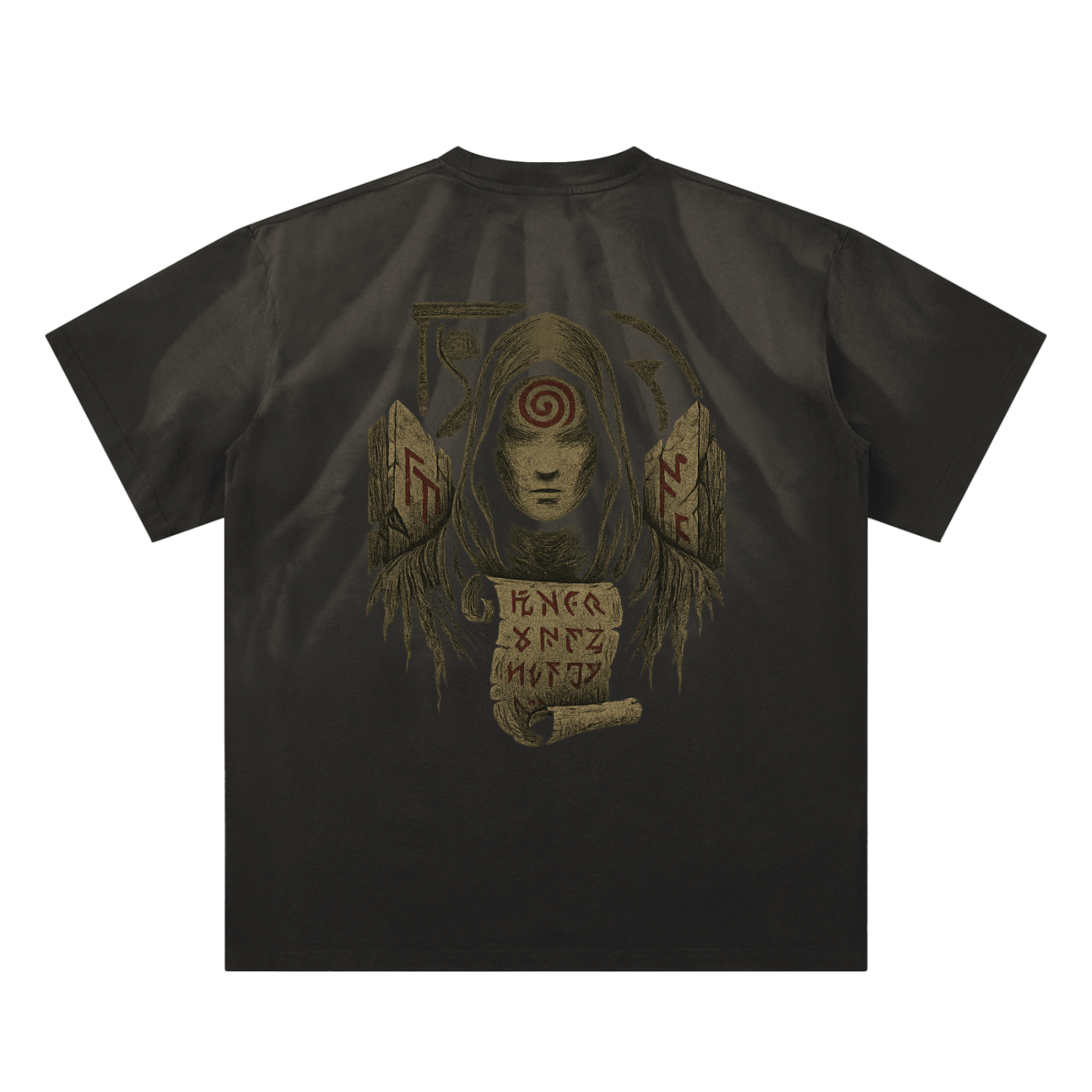 Mystic Spiral Eye back print on premium cotton streetwear shirt, sand black
